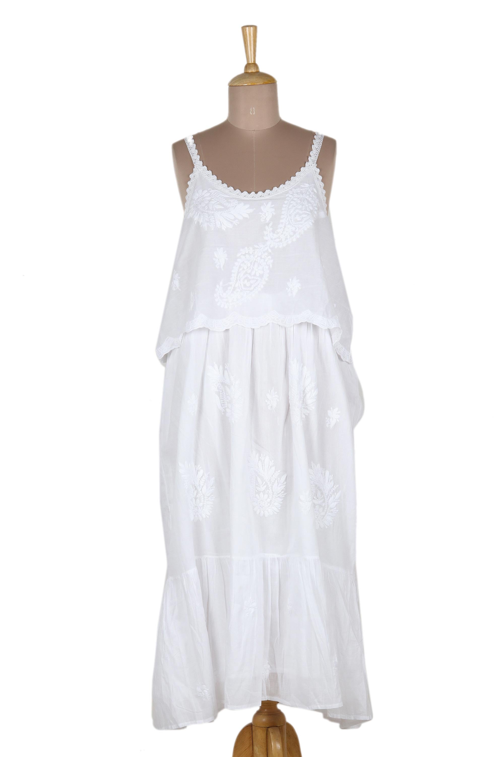 Premium White Chikankari Embroidered Cotton Sundress with Paisley Design