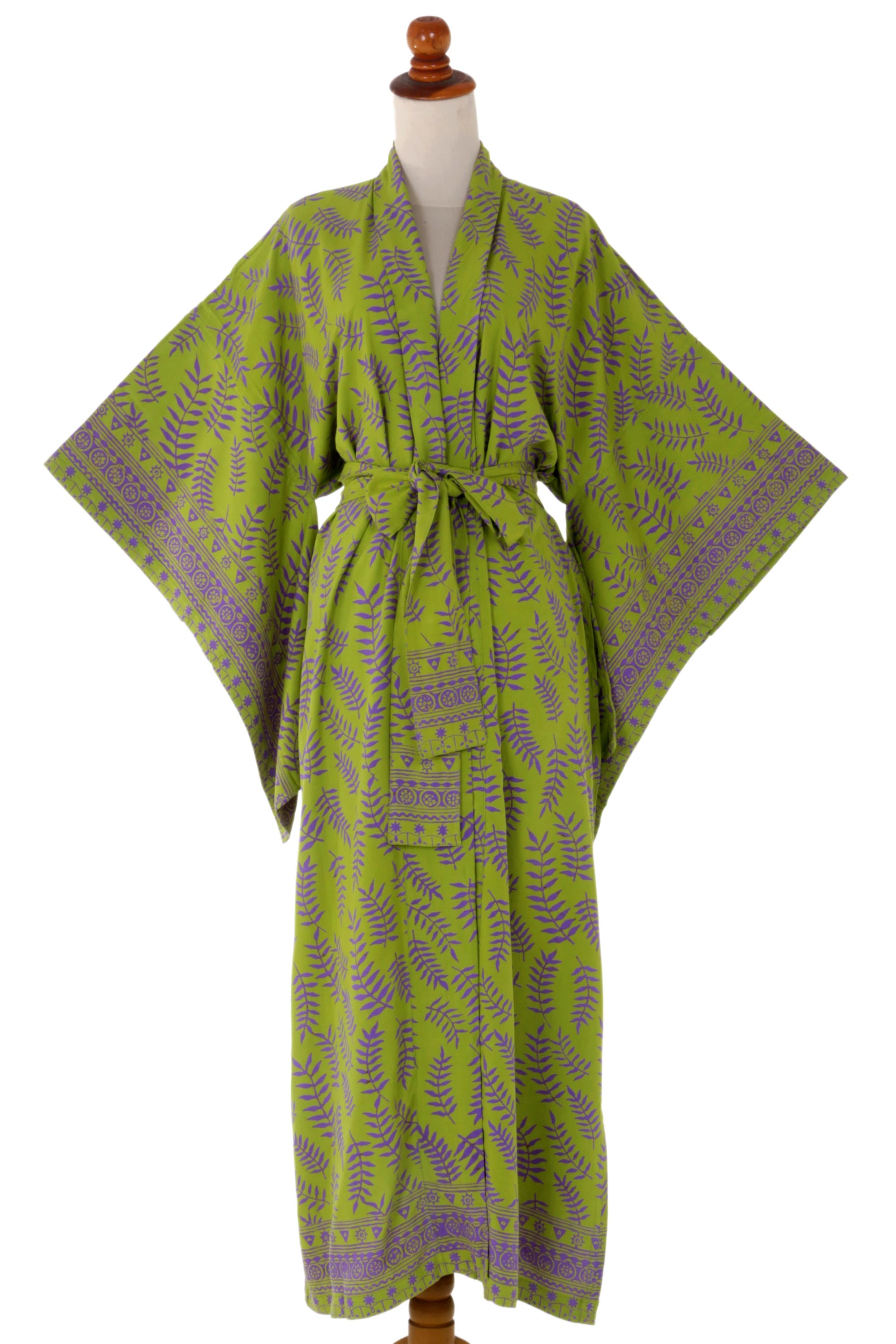 Premium Tropical Fern Forest Kimono Robe - Bali-Inspired Green & Purple Design