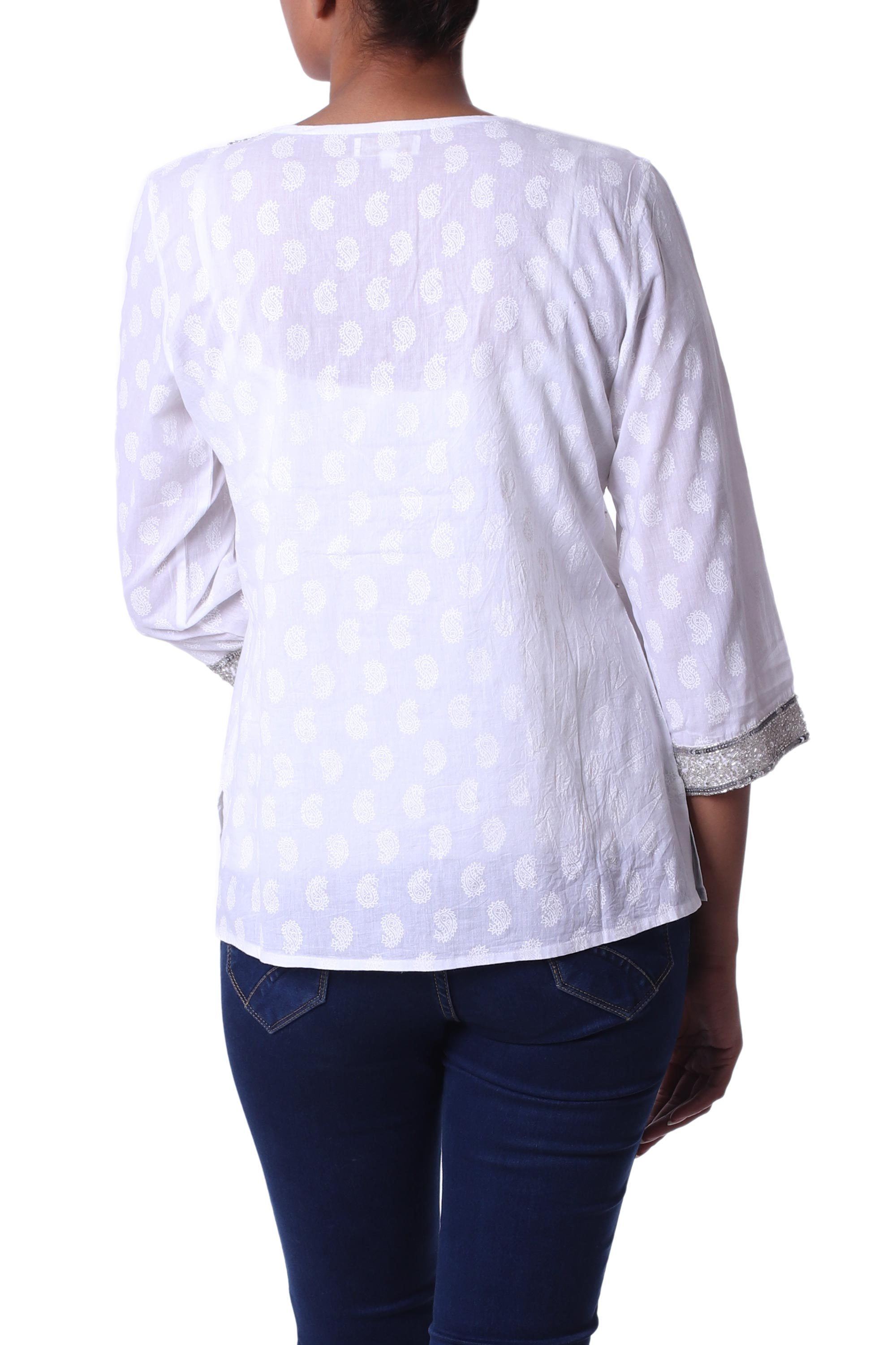 Premium Handcrafted Cotton Beaded Blouse - Elegant White