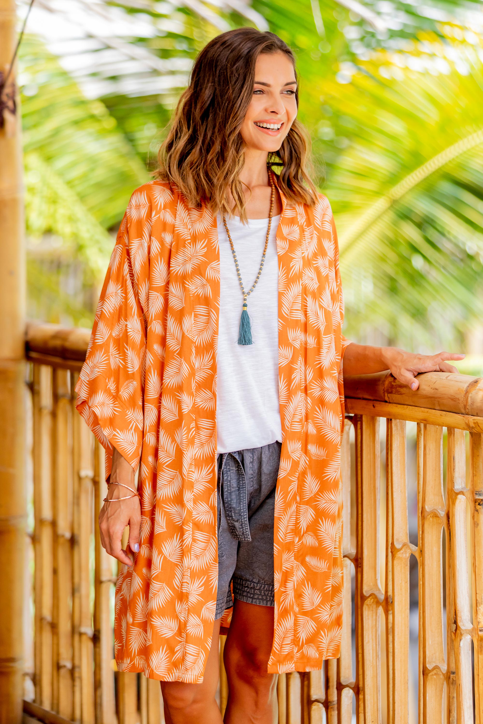 Premium Balinese Rayon Robe - Ivory & Orange Fern Print