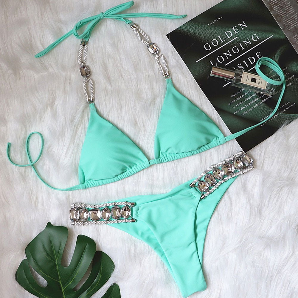 Premium Glitter Crystal Rope Tie Triangle Bikini Set