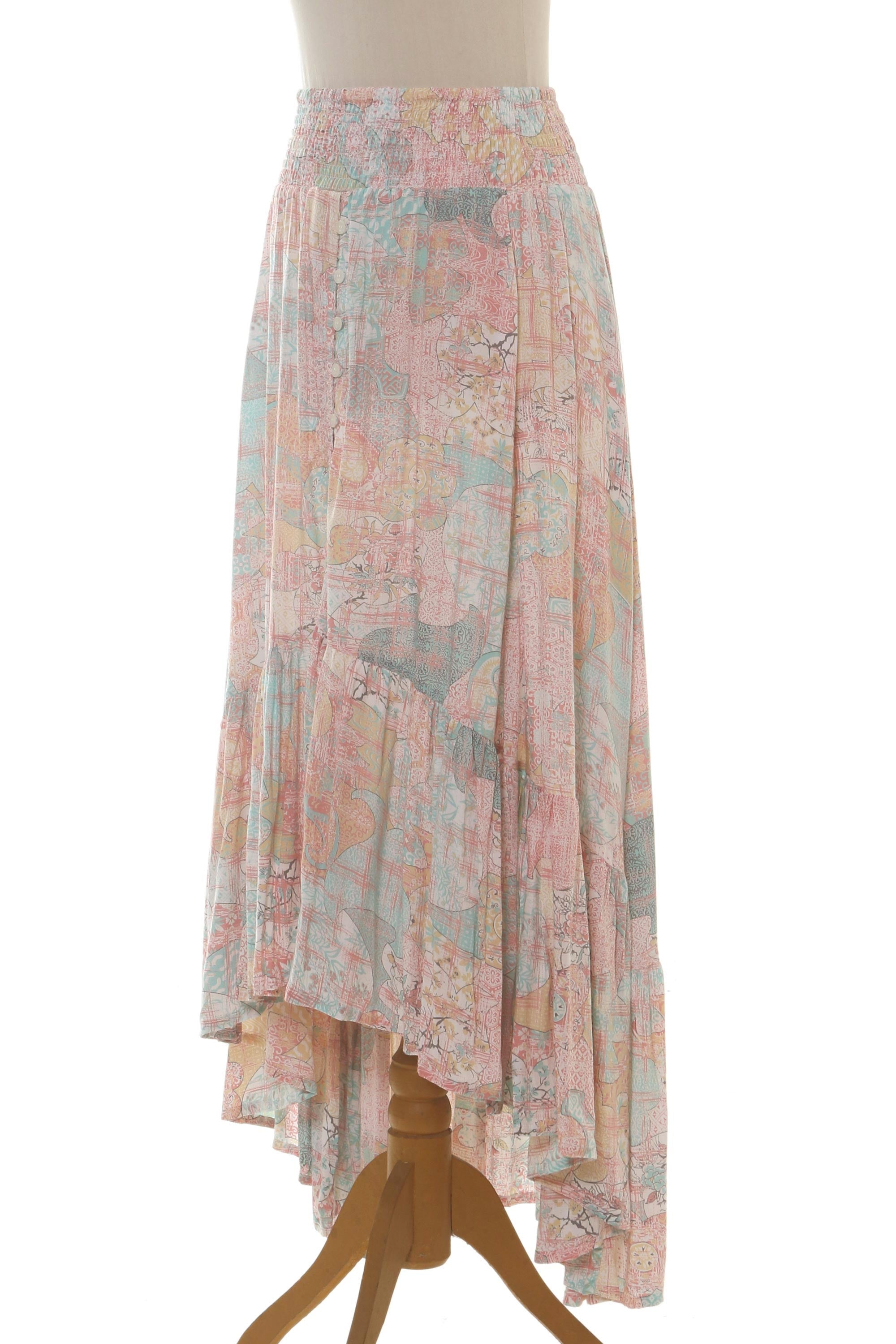 Premium Sekar Jagad Pastel Pink & Aqua Rayon High-Low Skirt