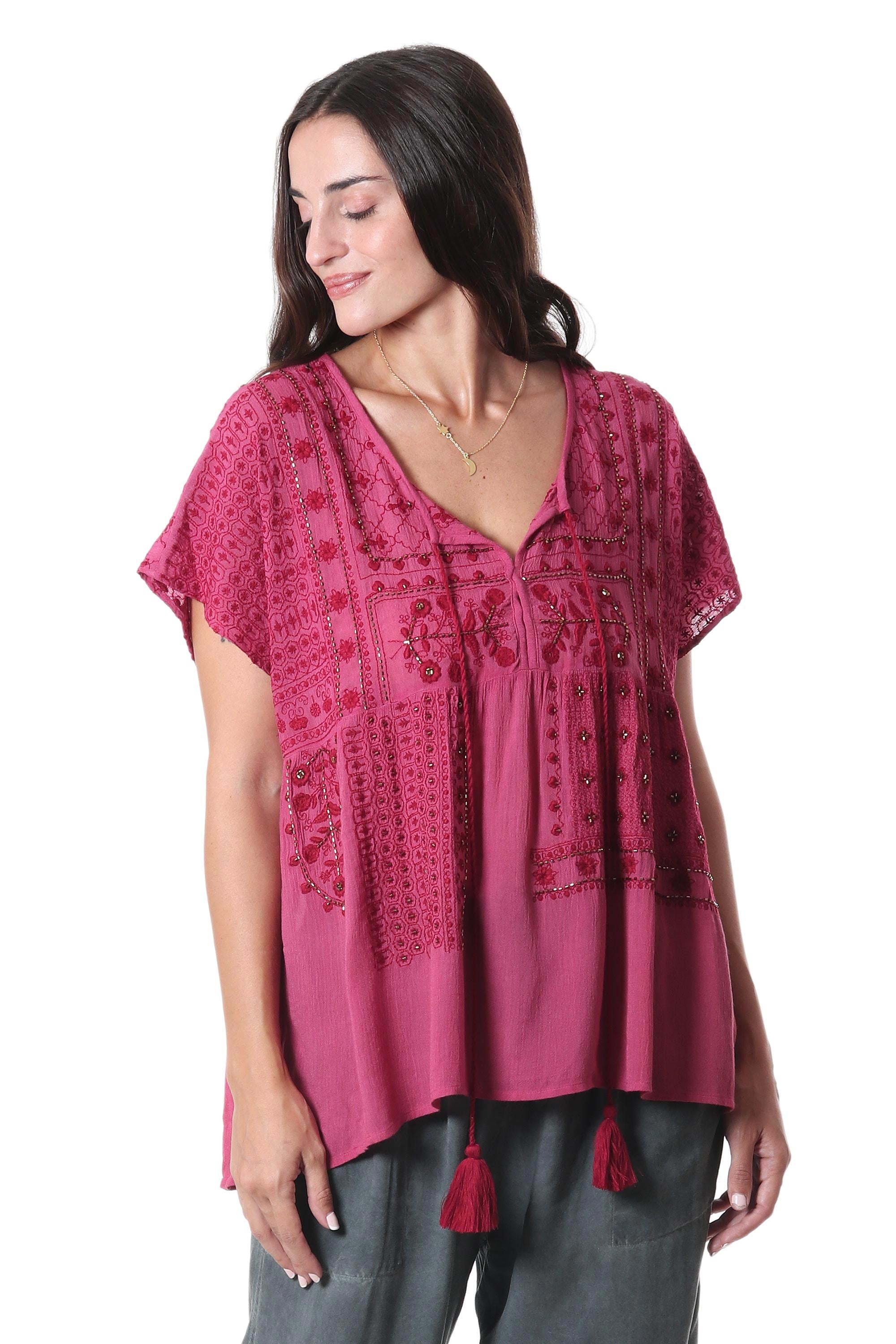 Premium Wine Country Embroidered Viscose Blouse with Glass Beads