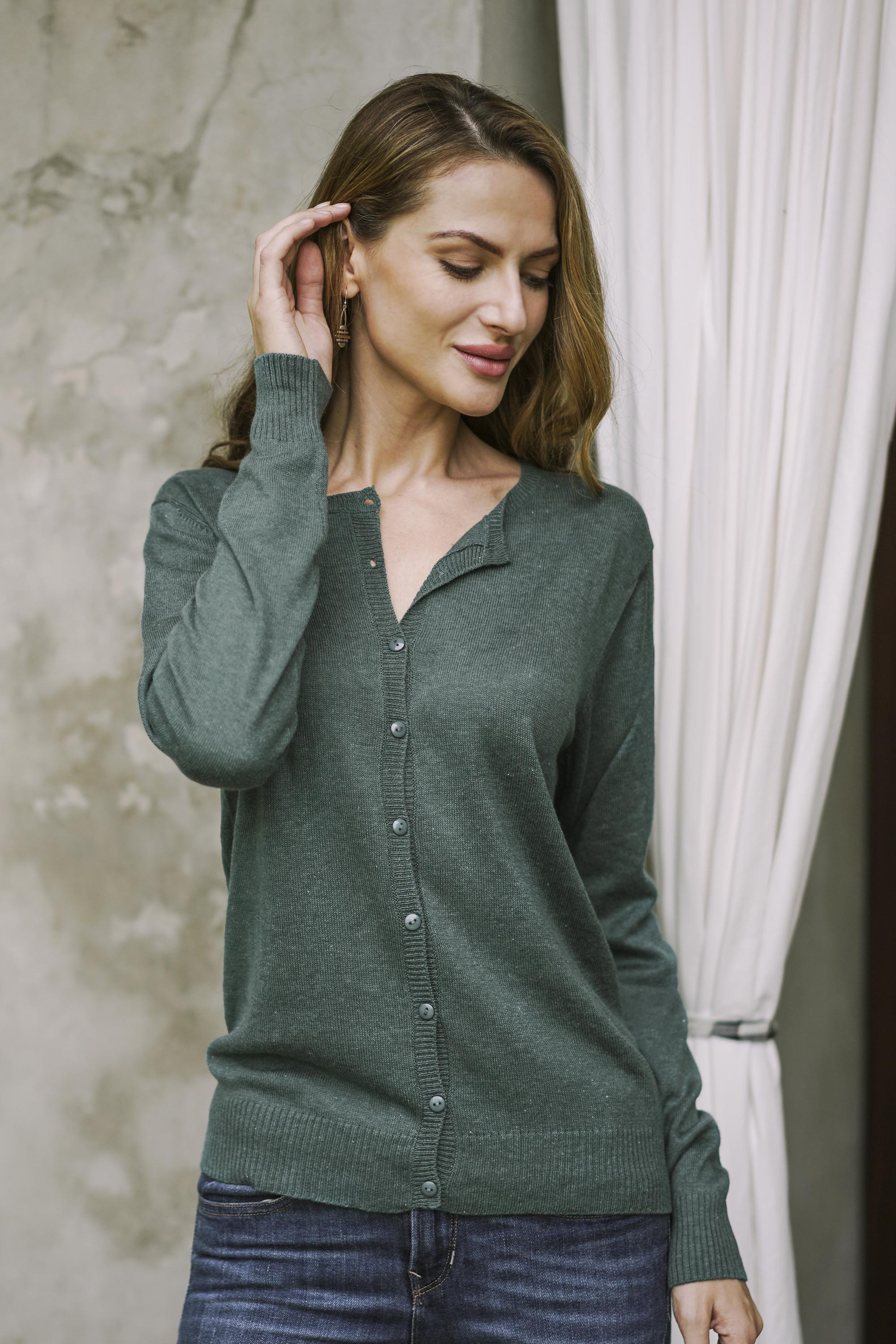 Premium Viridian Green Cotton Blend Cardigan - Handcrafted in Peru