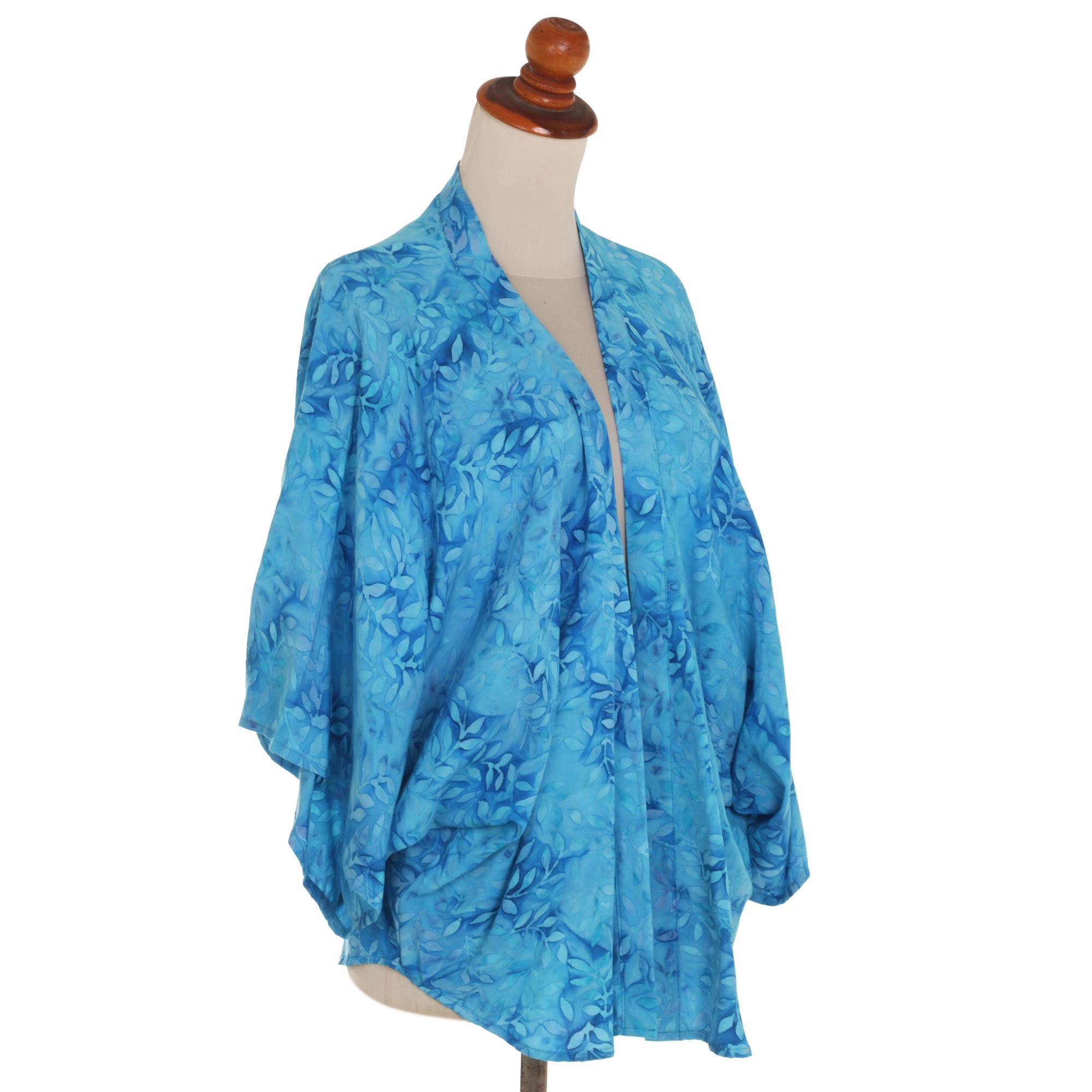 Premium Cyan Open Kimono Jacket - Light Blue Batik Design