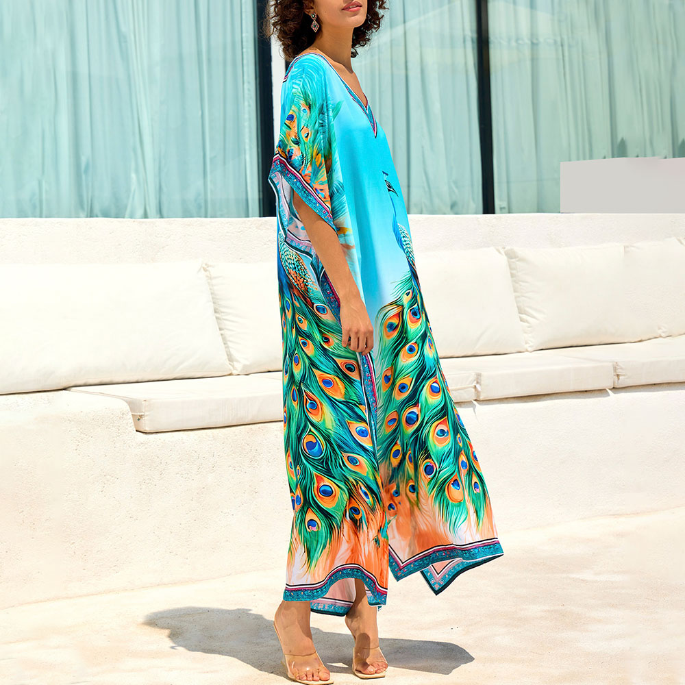 Premium Peacock Print Oversized Caftan - Summer Essential Cover-Up