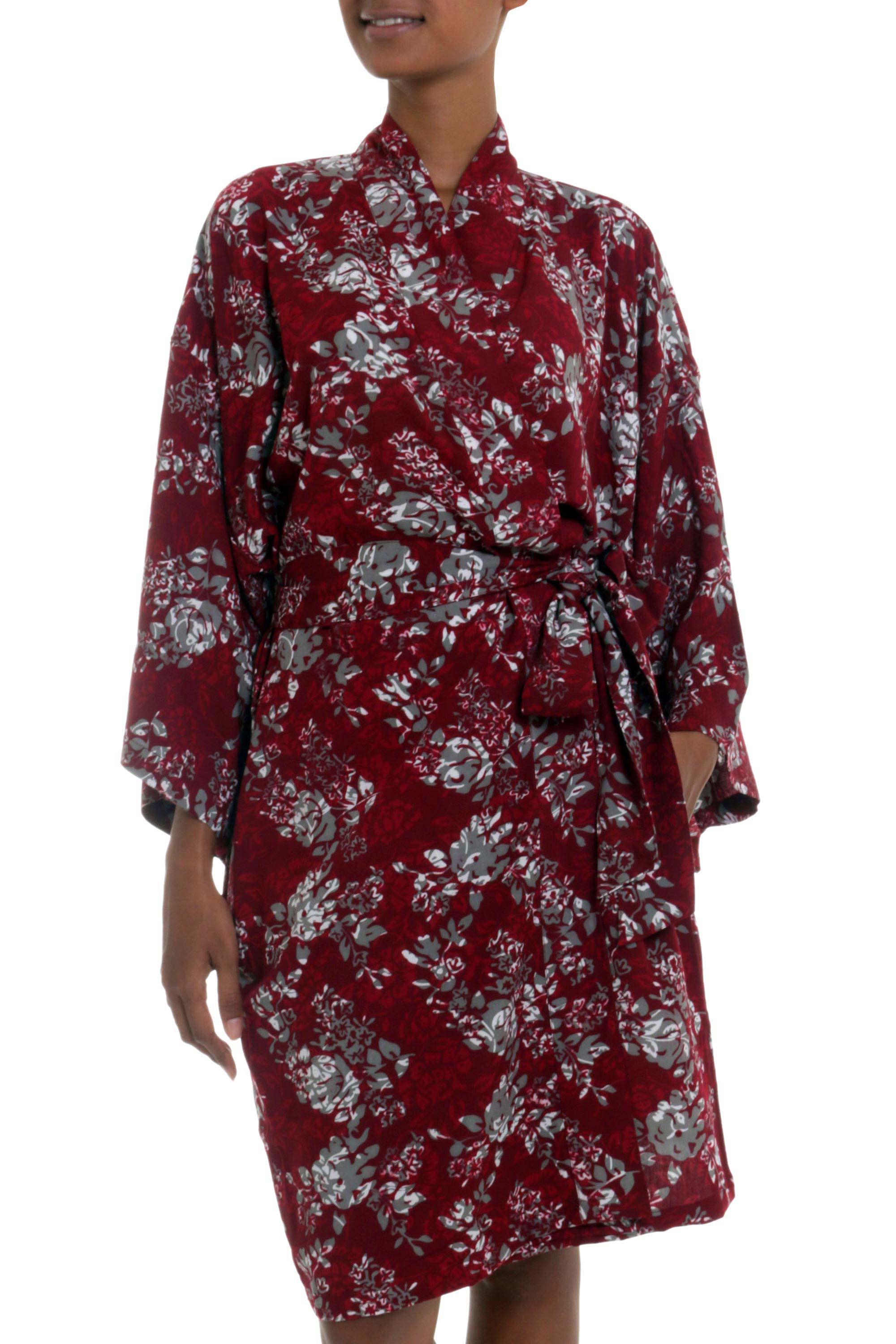 Premium Claret Grey Batik Kimono Robe with Tropical Floral Design