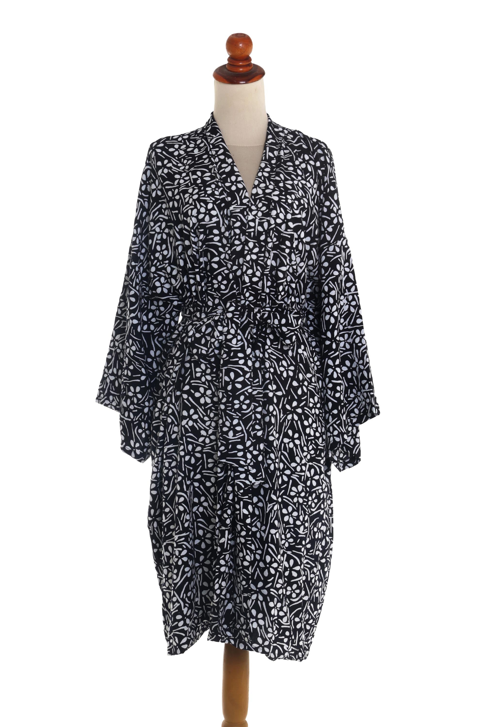 Premium Midnight Meadow Silk Robe - Black Rayon with White Floral Print