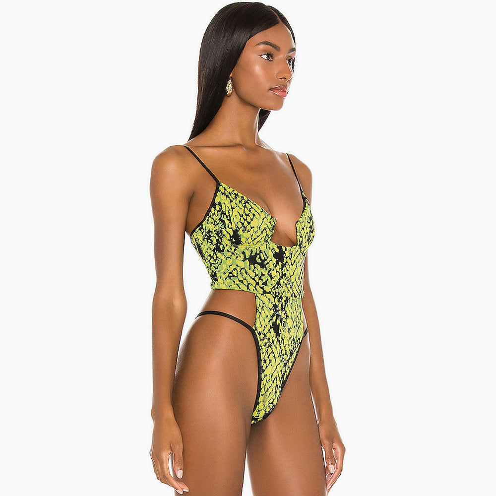 Premium Neon Snake Print Underwire One-Piece Swimsuit with Cutout Design