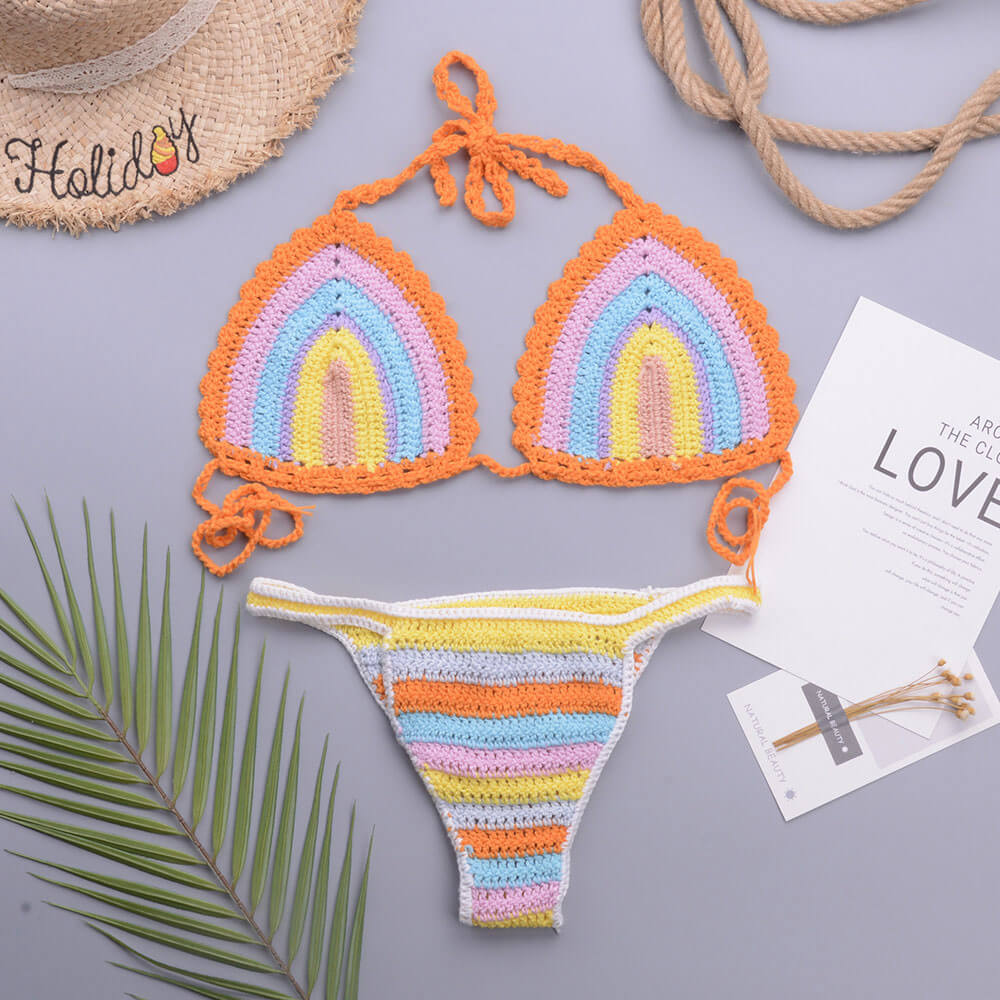 Premium Rainbow Crochet Halter Bikini Set - Brazilian Style Two-Piece Swimsuit