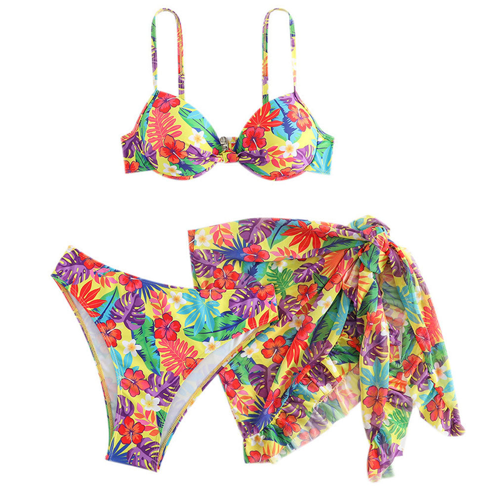 Premium Tropical Floral Push-Up Bikini Set with Wrap Cover-Up