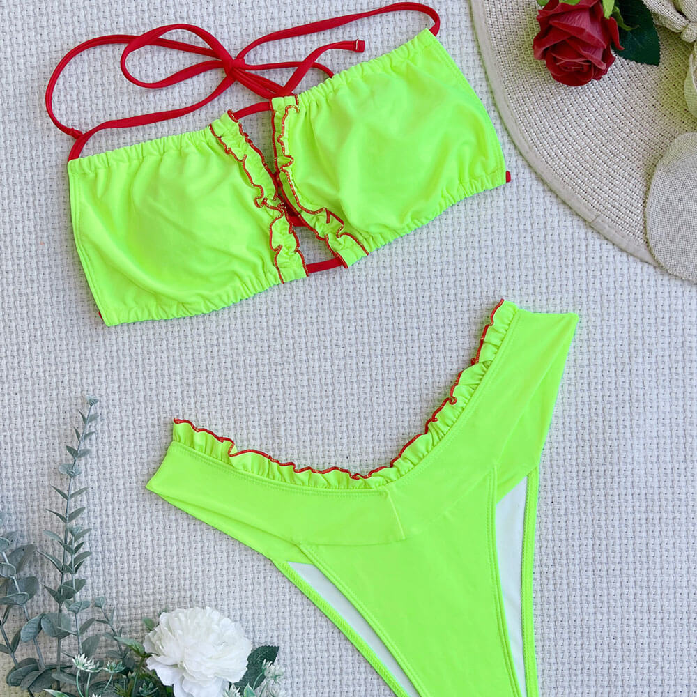 Ultimate Neon Contrast Ruffle Halter Bikini Set - Brazilian Style