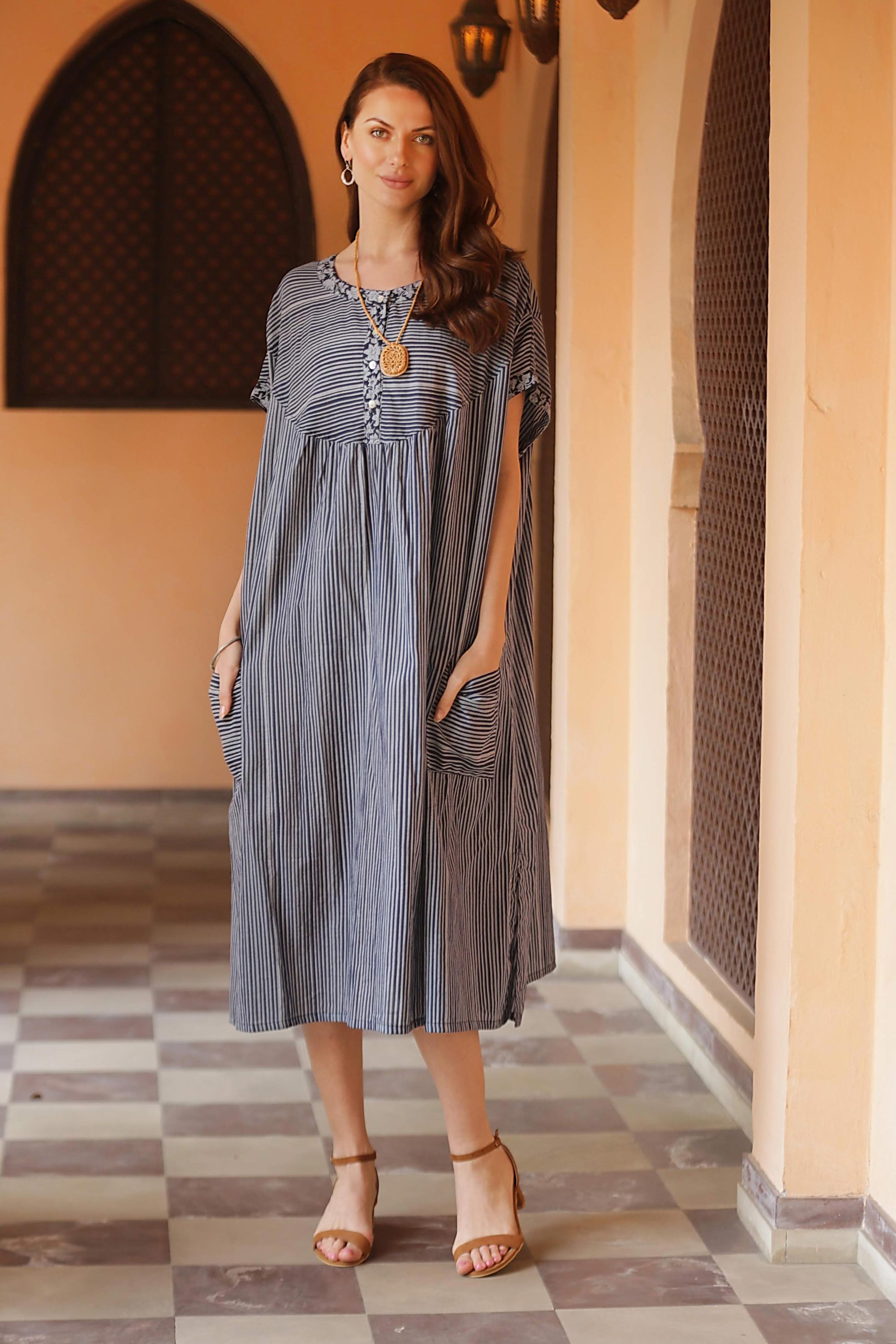 Premium Striped & Floral Cotton Caftan Dress - Dark & Light Blue