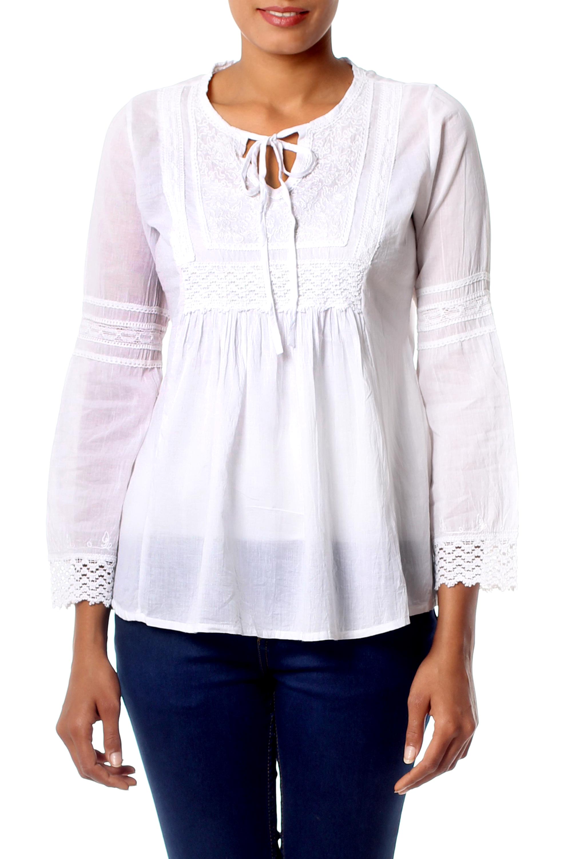 Premium Floral Clouds White Cotton Blouse – Ultimate Feminine Elegance