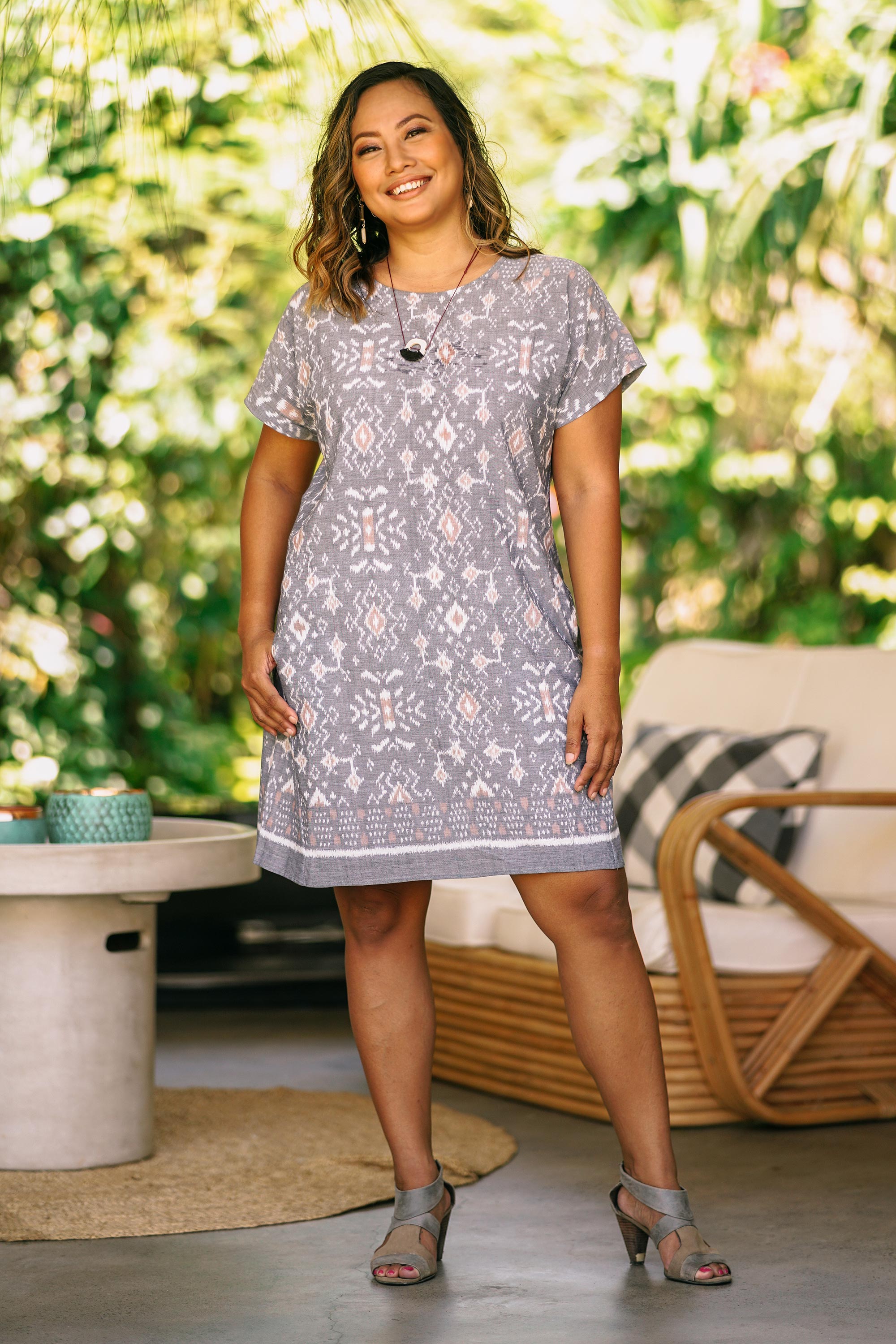 Premium Grey Cotton Ikat Dress – Summer Garden Essential