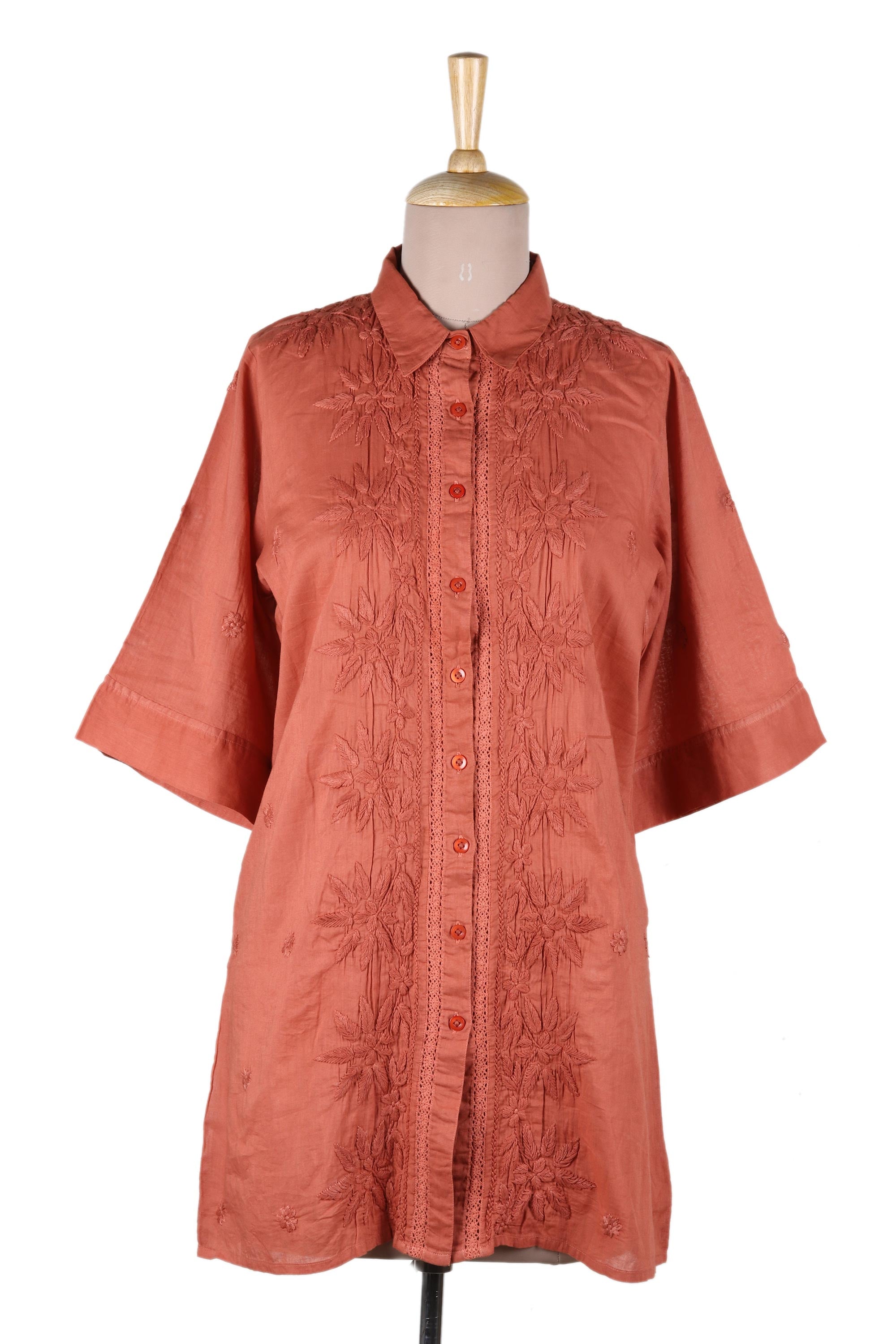 Premium Chikankari Embroidered Cotton Shirt - Terracotta Elegance