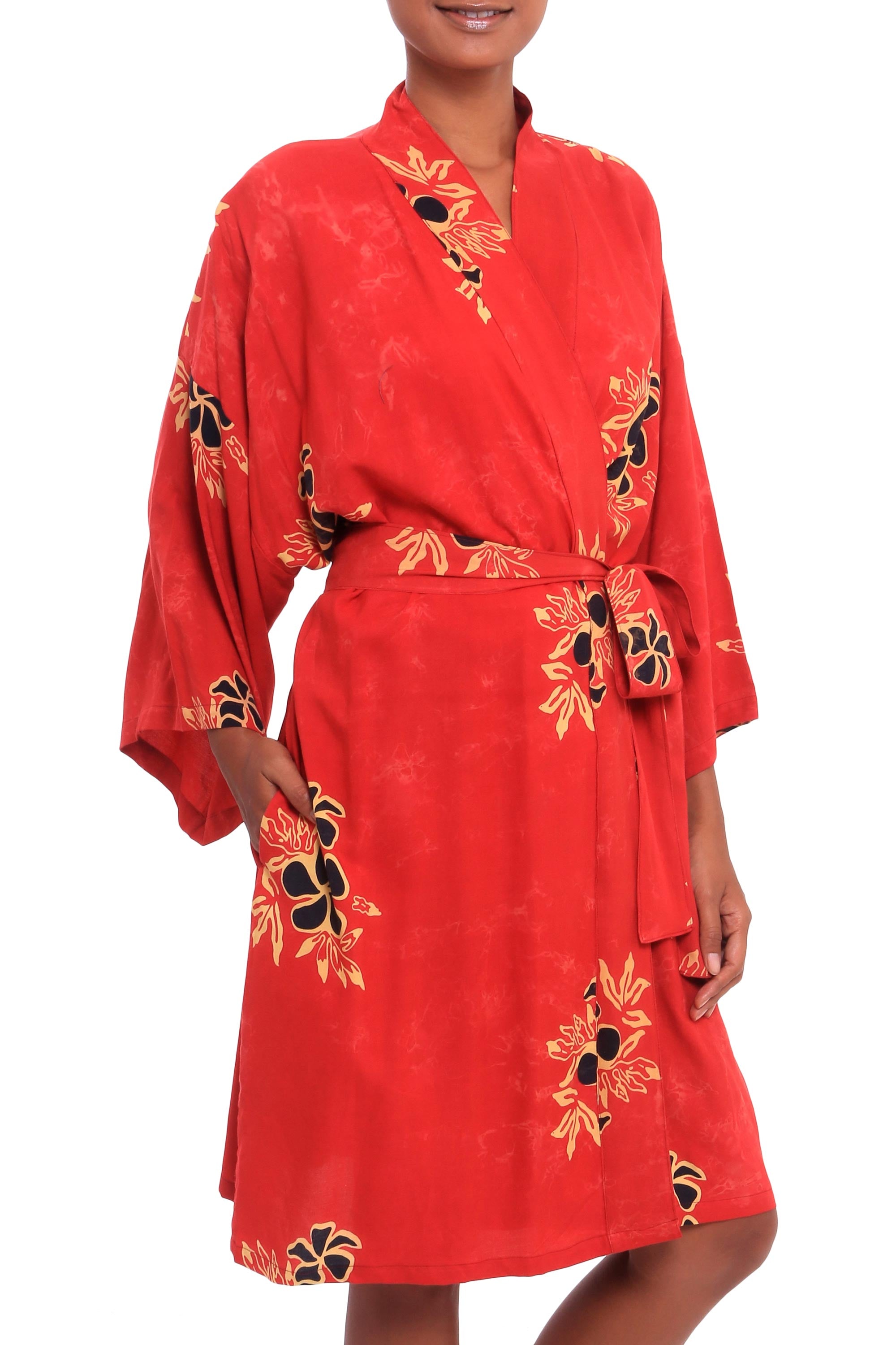 Premium Crimson Rayon Robe - Black Floral Motif | Handcrafted in Bali