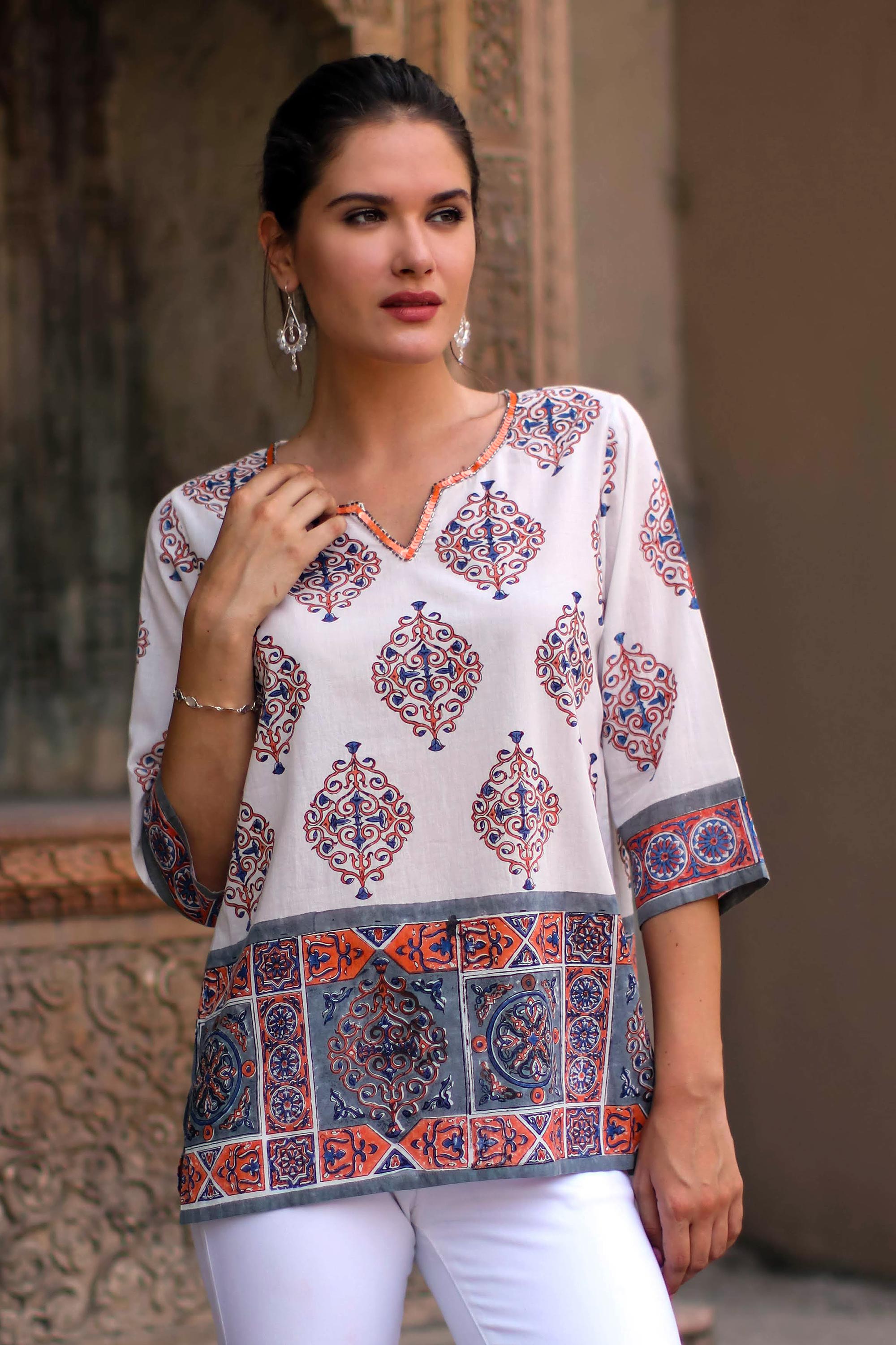 Premium Mughal Glory Handcrafted Cotton Tunic - Exquisite Indian Block-Print Design