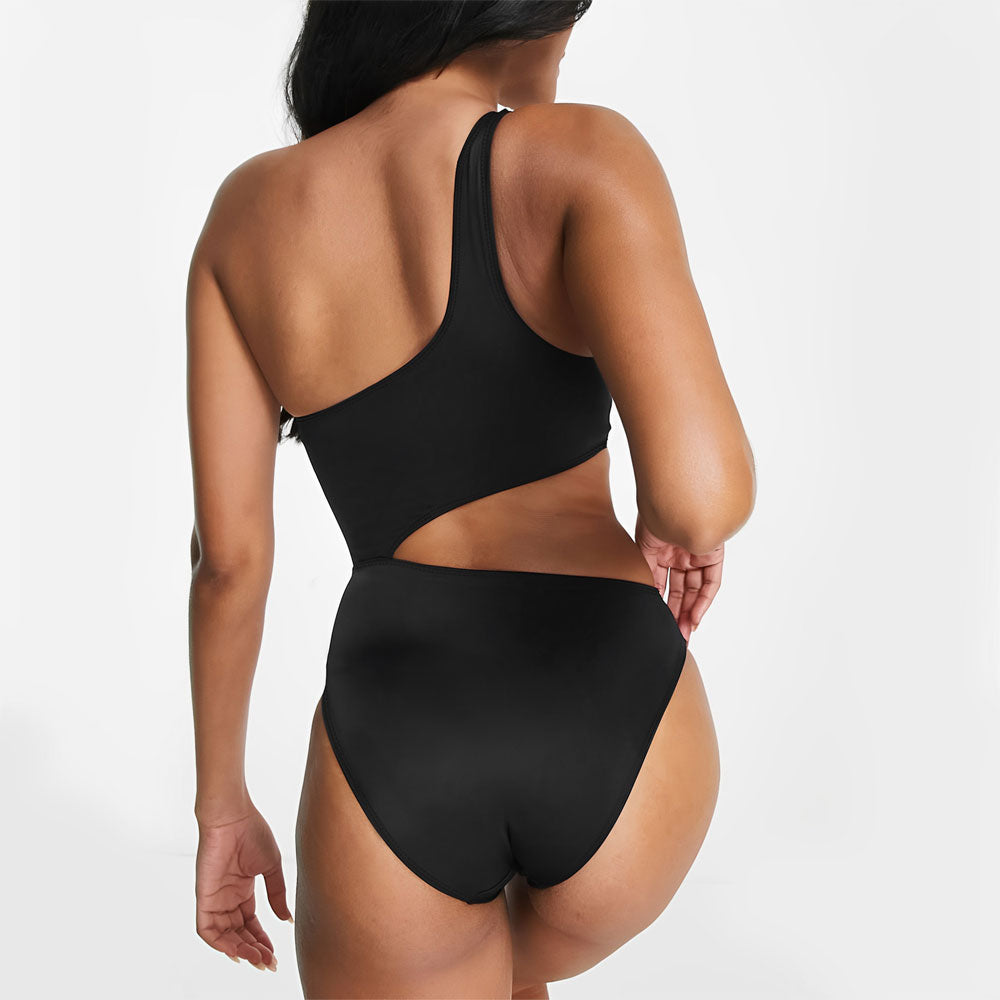 Premium Black & White One-Shoulder Cutout Brazilian Swimsuit