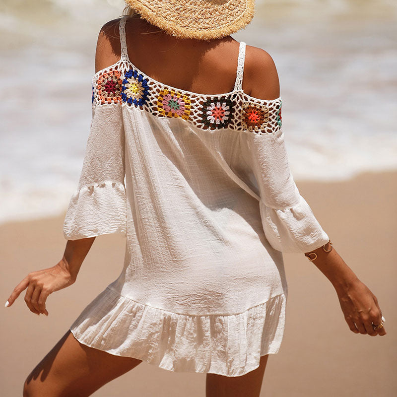 Premium Boho Chic Crochet Beach Cover Up - Cold Shoulder Ruffle Design