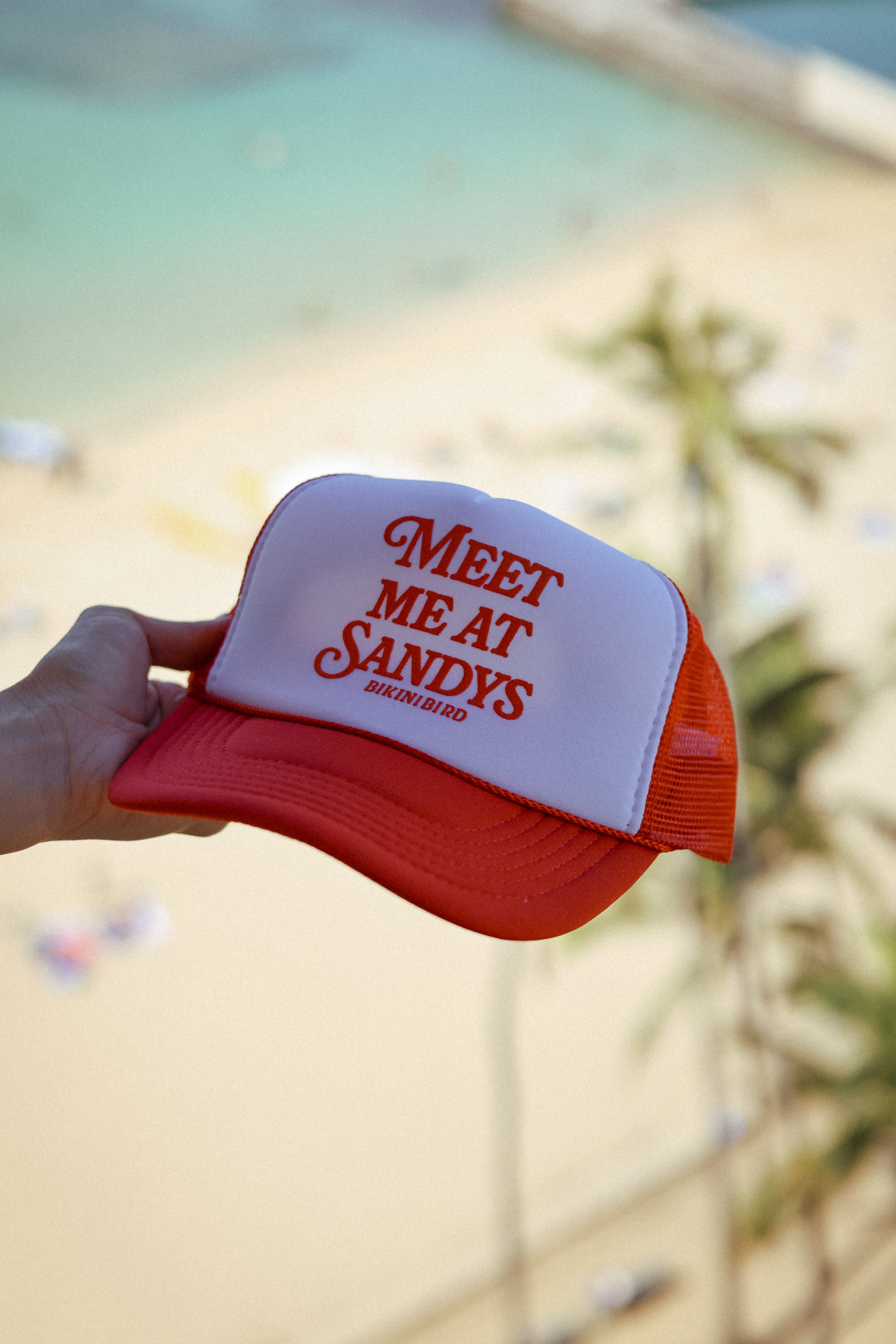 Premium Bikinibird Meet Me at Sandy's Red/White Trucker Hat - Ultimate Summer Style