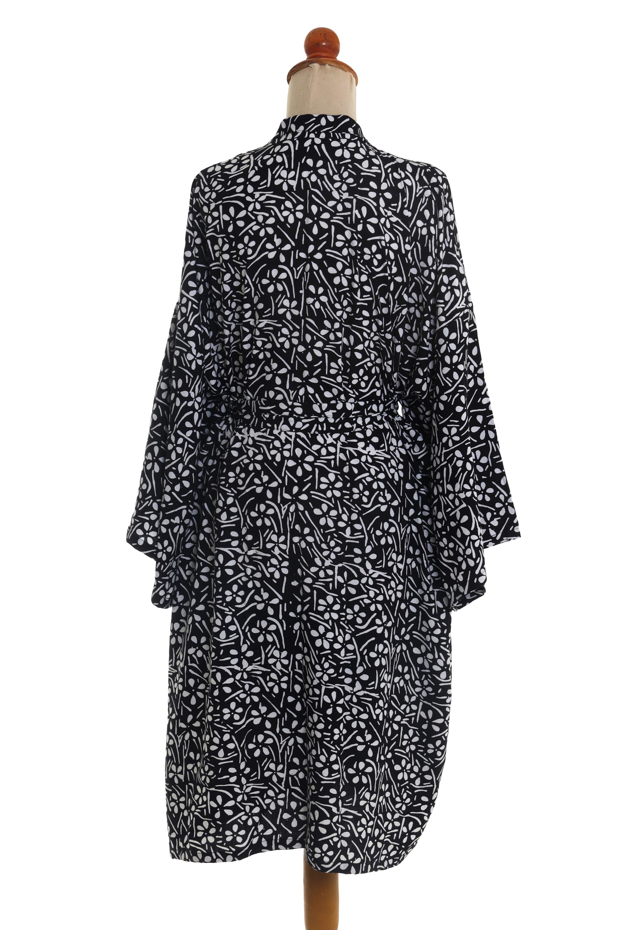 Premium Midnight Meadow Silk Robe - Black Rayon with White Floral Print