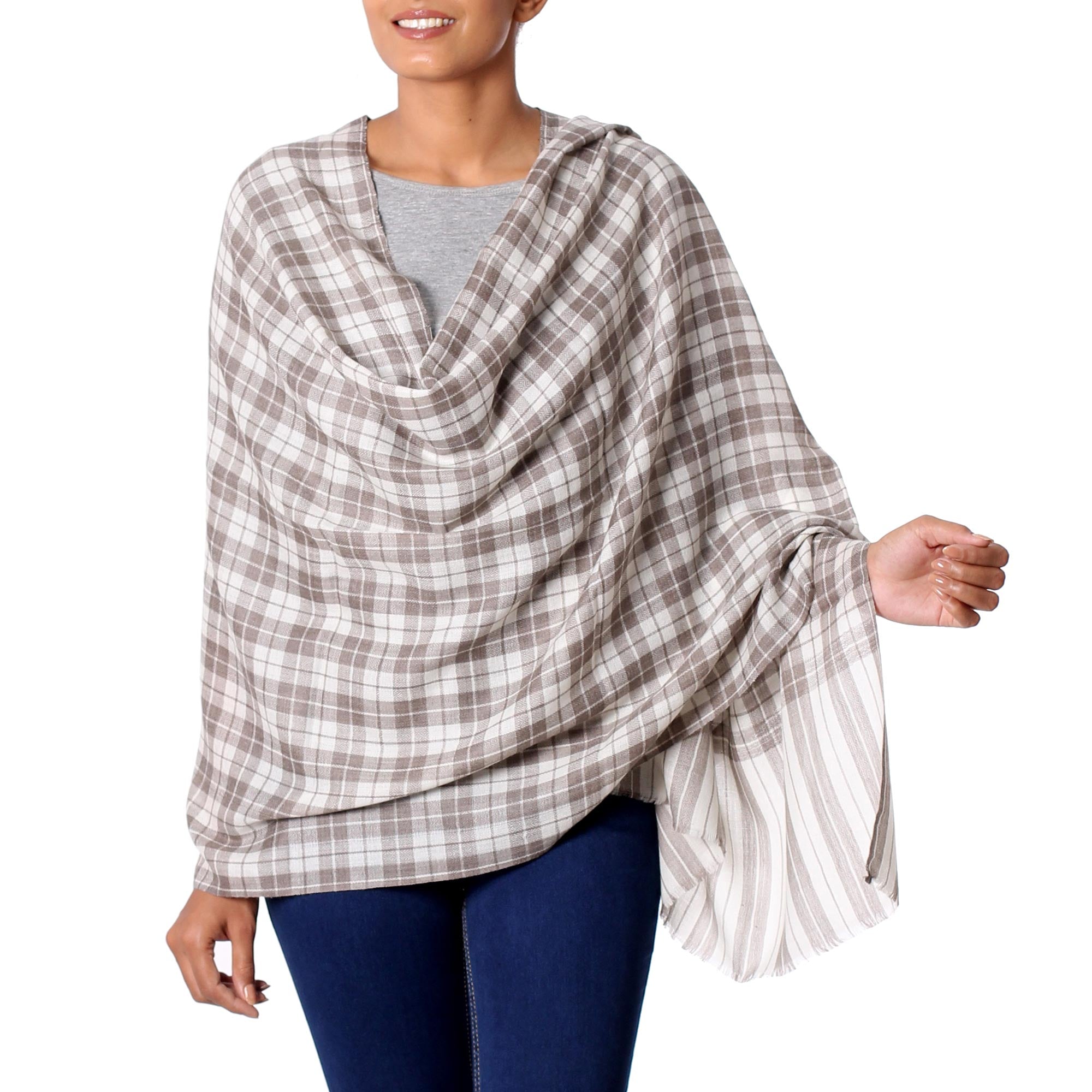 Premium Wool Shawl with Grey Checkered Pattern - Handcrafted in India