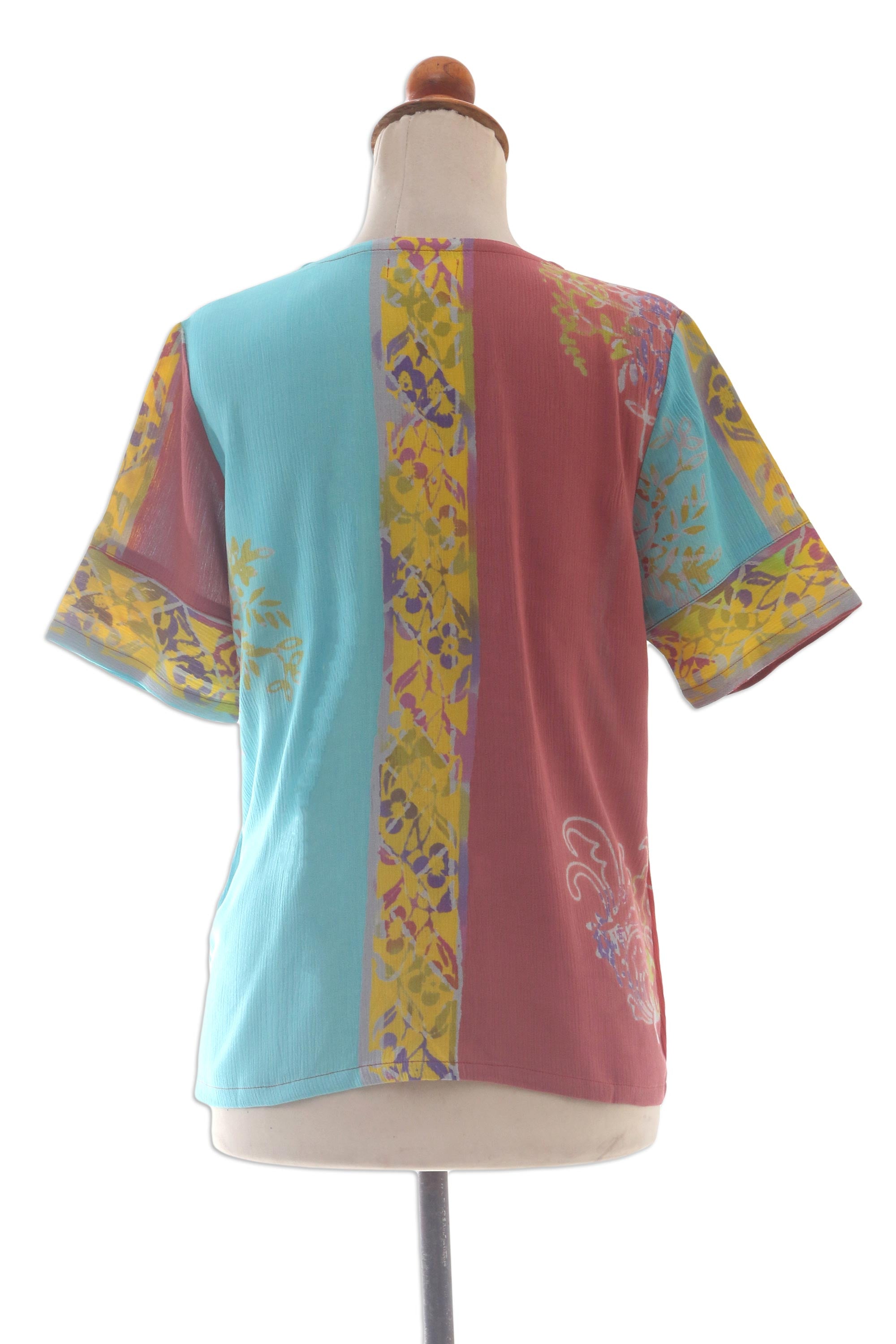 Premium Bali Rainbow Tie-Front Rayon Blouse - Handcrafted Batik Art