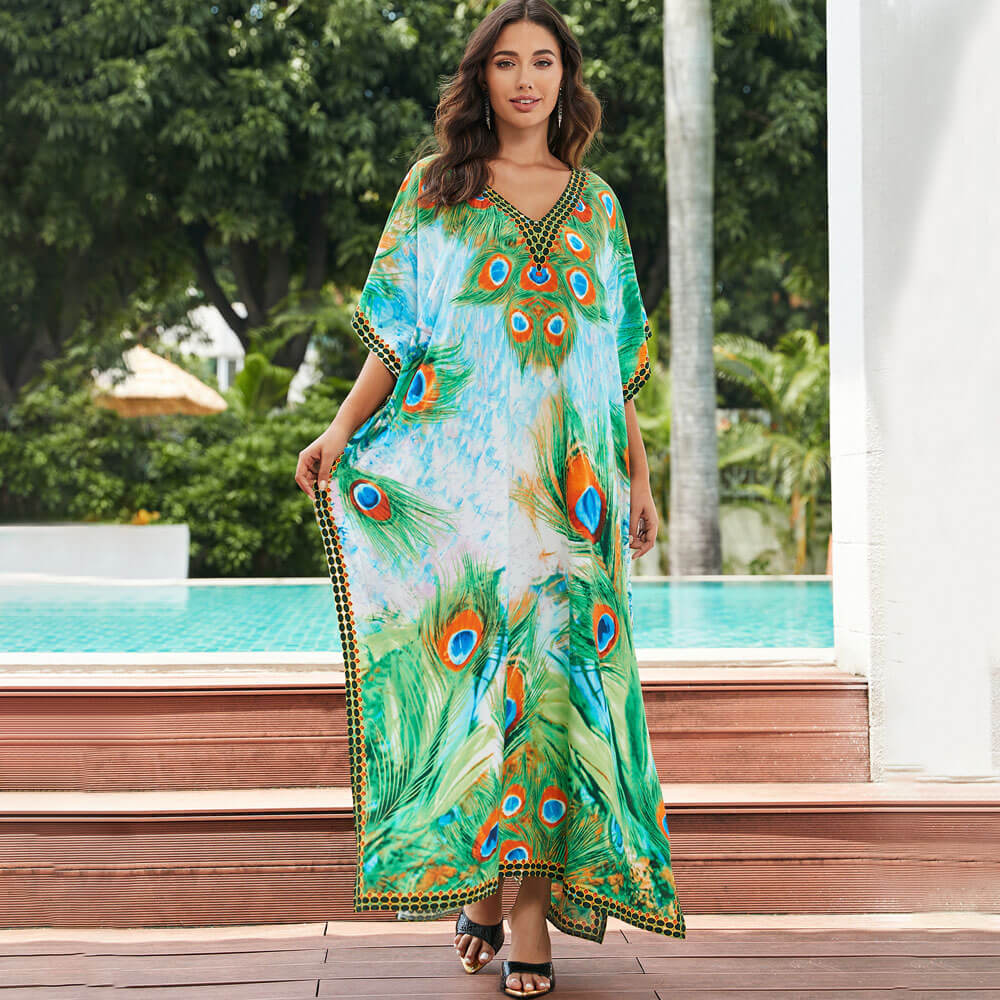 Premium Boho V-Neck Maxi Dress - Vibrant Brazilian Caftan Cover-Up