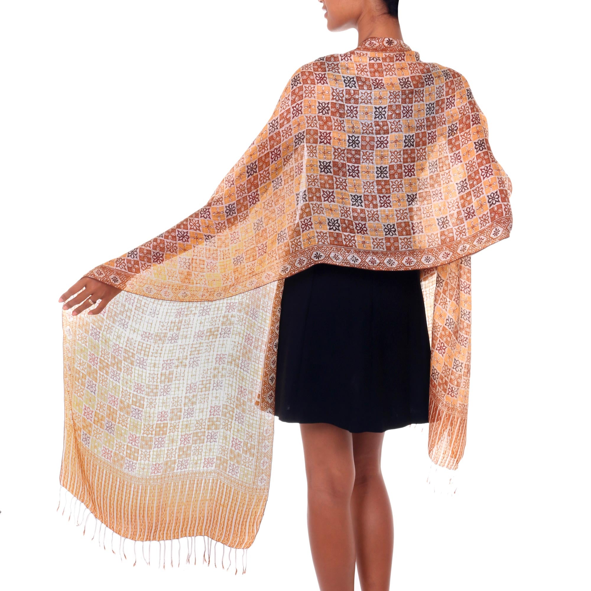 Premium Golden Lotus Silk Batik Shawl – Handcrafted Elegance