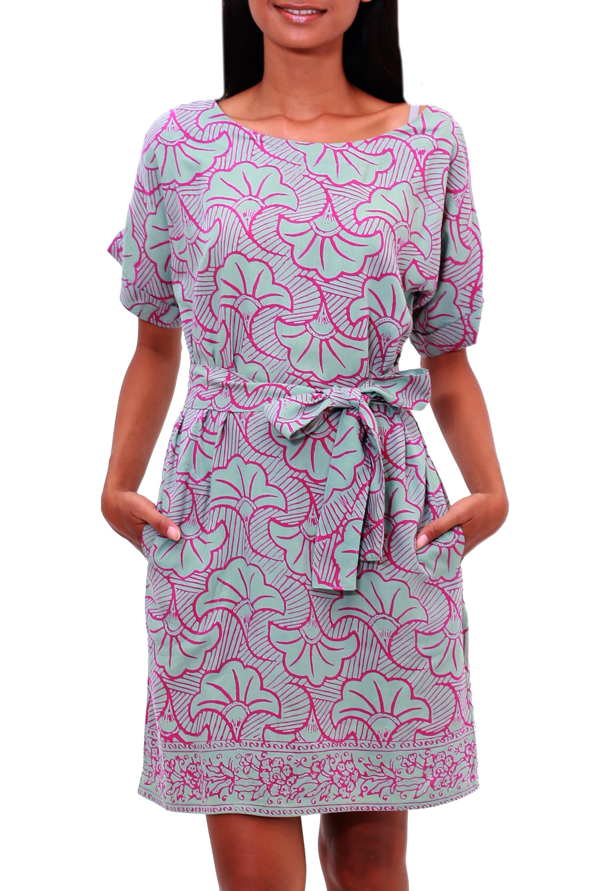 Premium Gingko Leaf Batik Rayon Shift Dress - Green & Magenta | Handcrafted in Bali