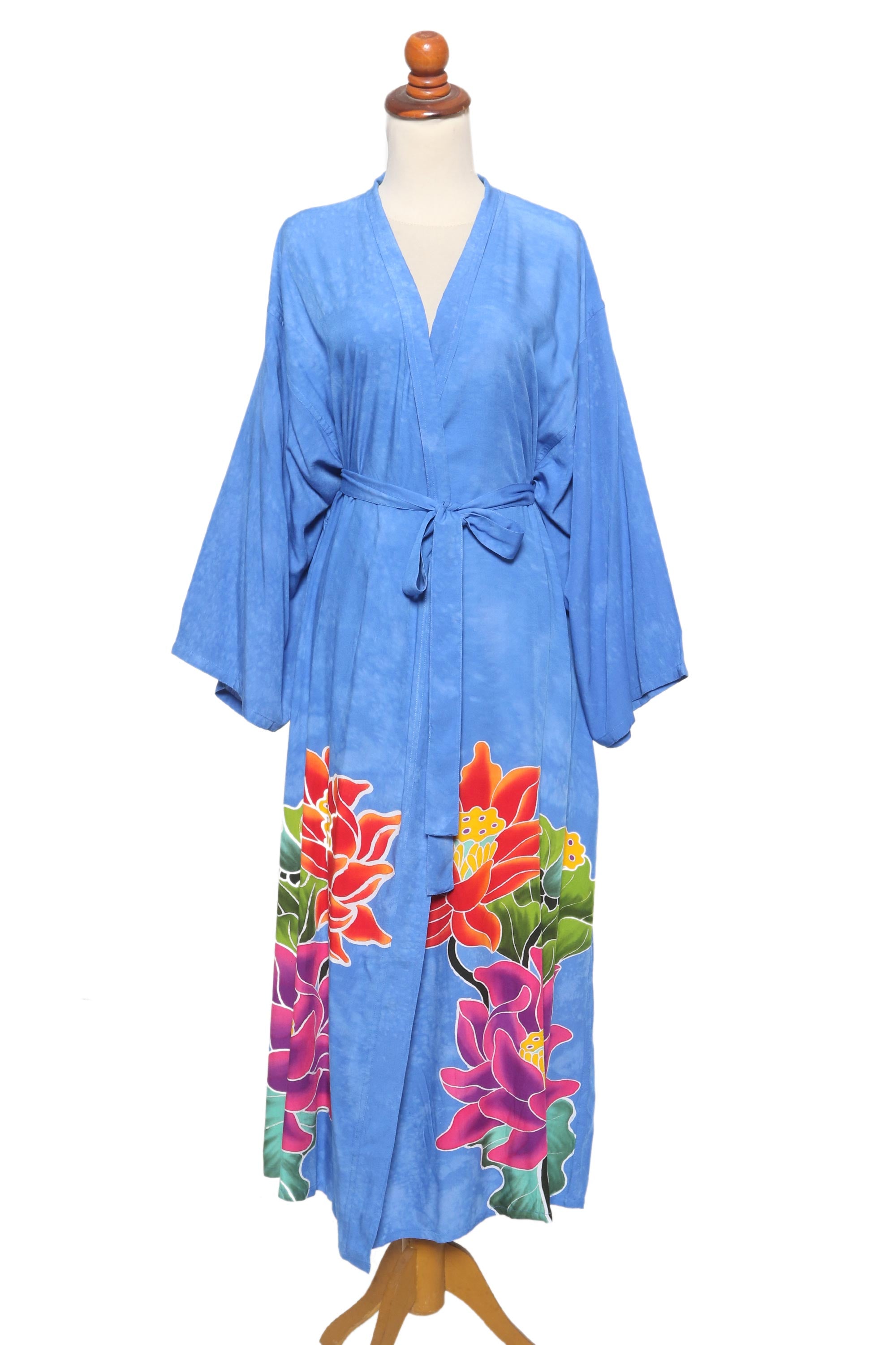 Premium Hand-Painted Floral Rayon Robe - Blue & Multicolor Lotus Design