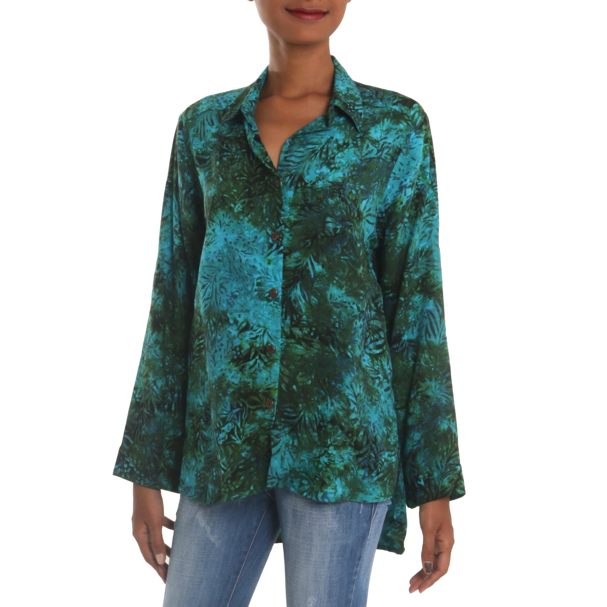 Premium Java Emerald Rayon Batik Teal Hi-Low Button Shirt | Upgrade Your Style