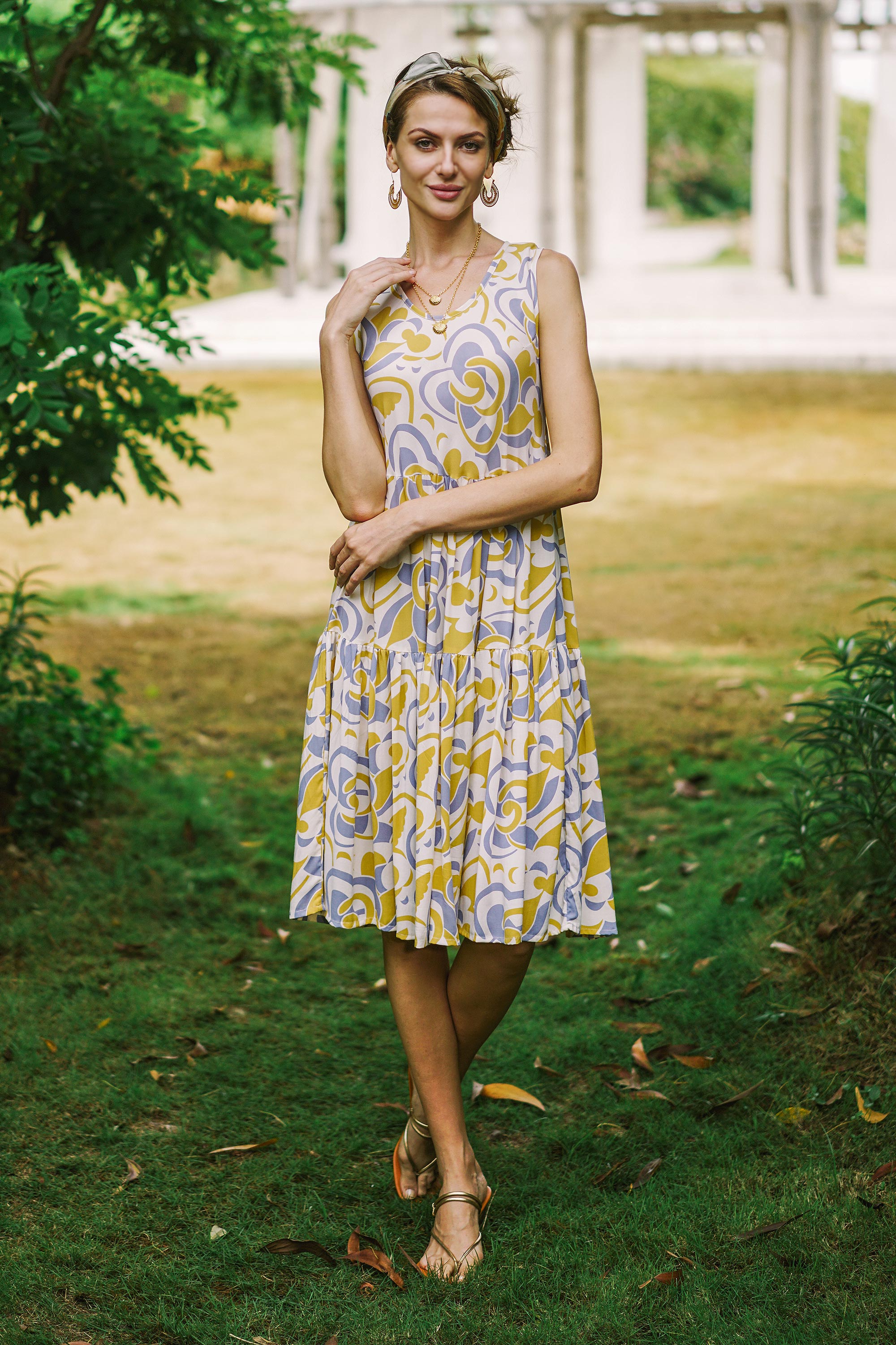 Premium Rayon Sundress with Spring Leaf Print - Bali Inspired