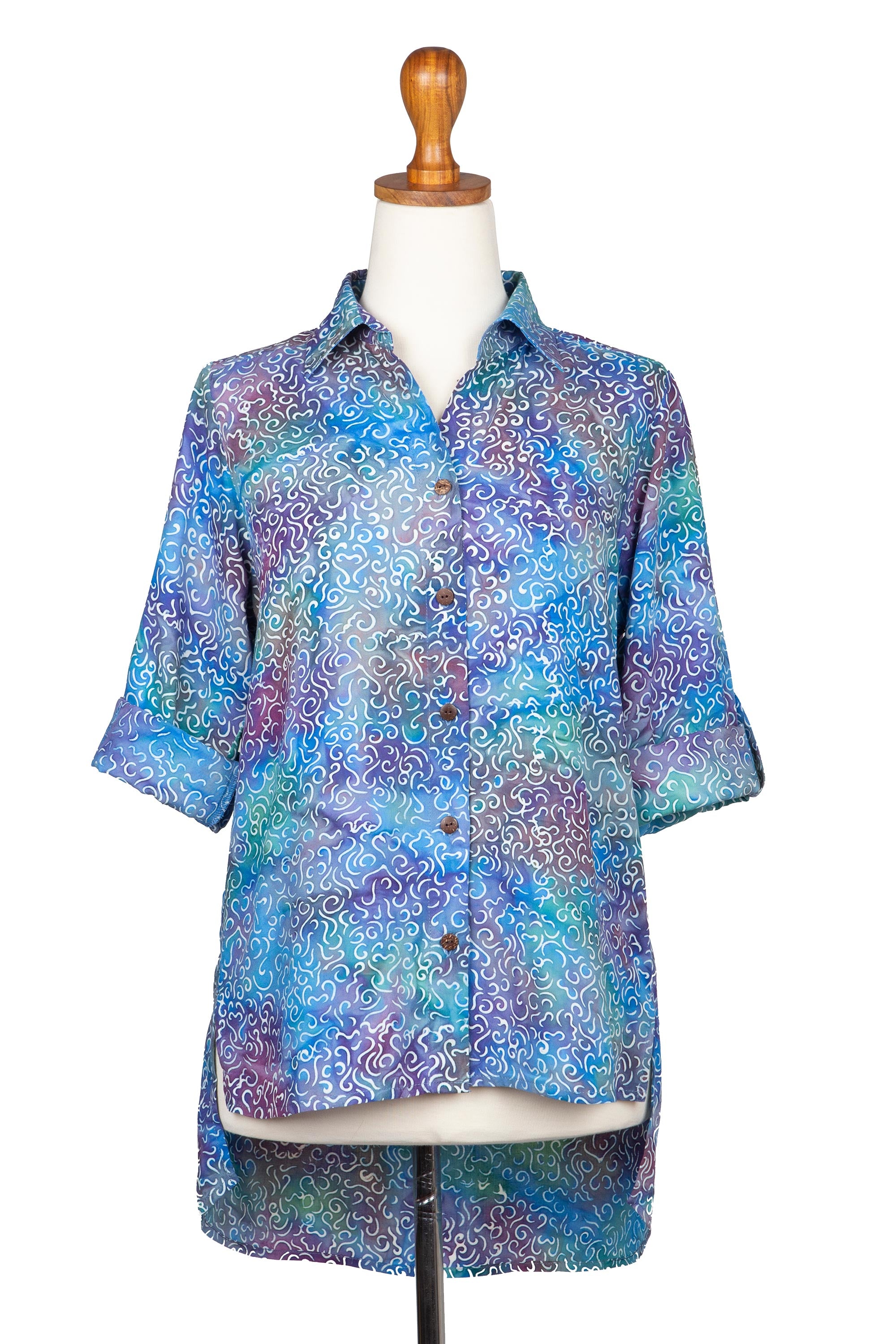 Premium Pastel Seascape Batik Rayon Blouse with Roll-Tab Sleeves