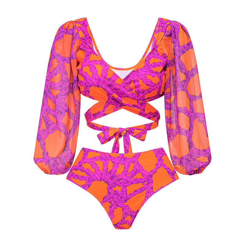 Ultimate Tropical Rope Print Wrap Bikini Set - High Waist & Bishop Sleeve Design