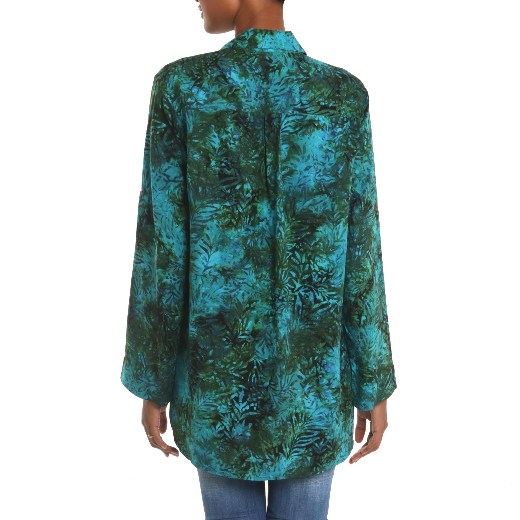 Premium Java Emerald Rayon Batik Teal Hi-Low Button Shirt | Upgrade Your Style