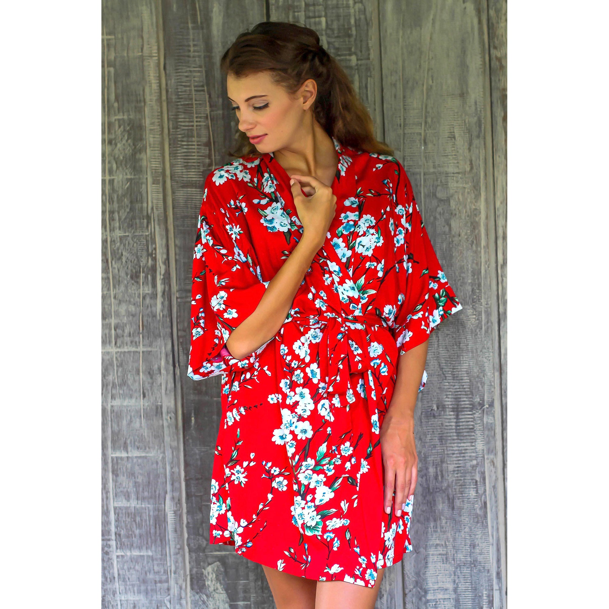 Premium Holy Jasmine Floral Robe - Caribbean Blue & Candy Apple Red