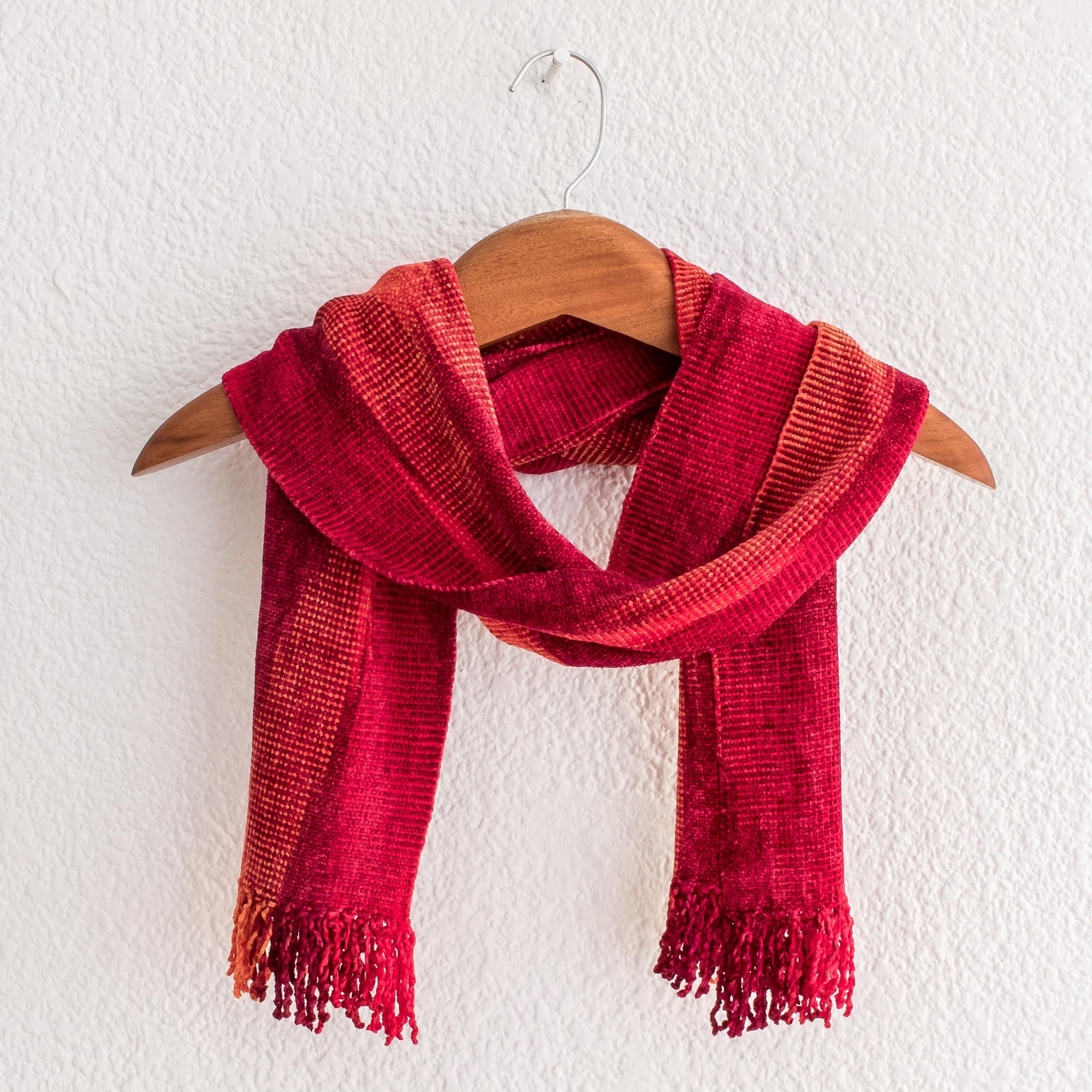 Premium Crimson Embrace: Handwoven Rayon Chenille Scarf in Red & Burgundy