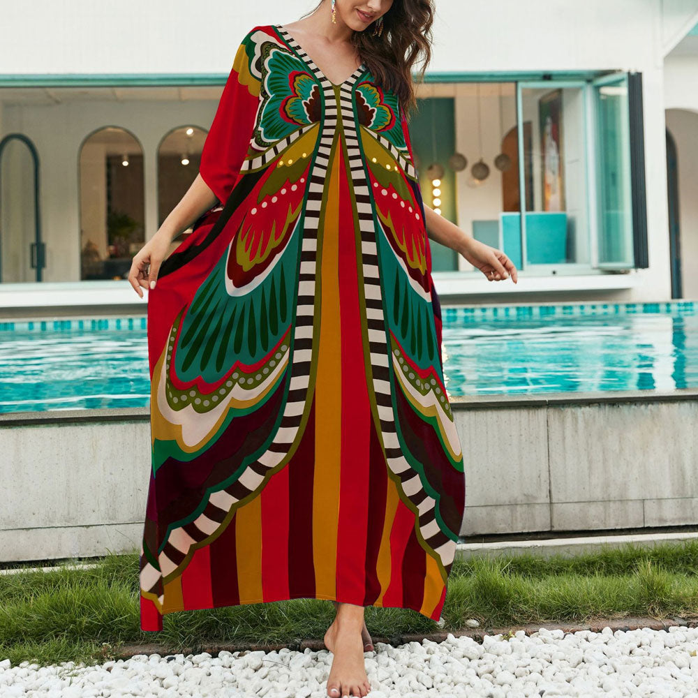 Premium Boho V-Neck Maxi Dress - Vibrant Brazilian Caftan Cover-Up