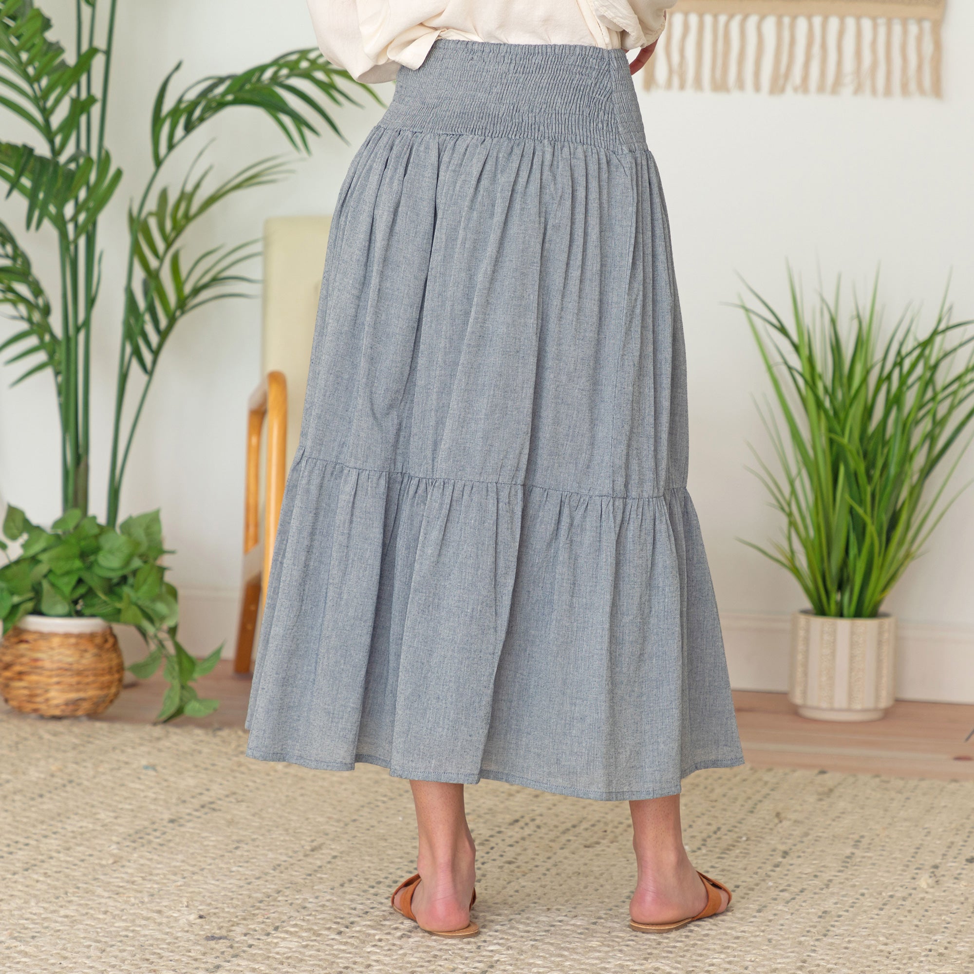 Premium Chambray Button-Down Tiered Skirt