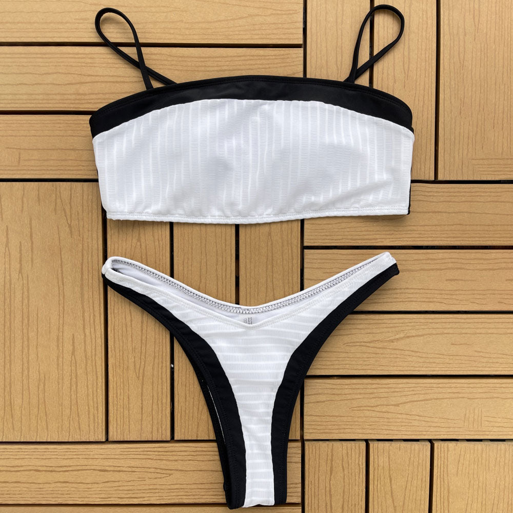 Premium High-Leg Rib Knit Bandeau Bikini Set