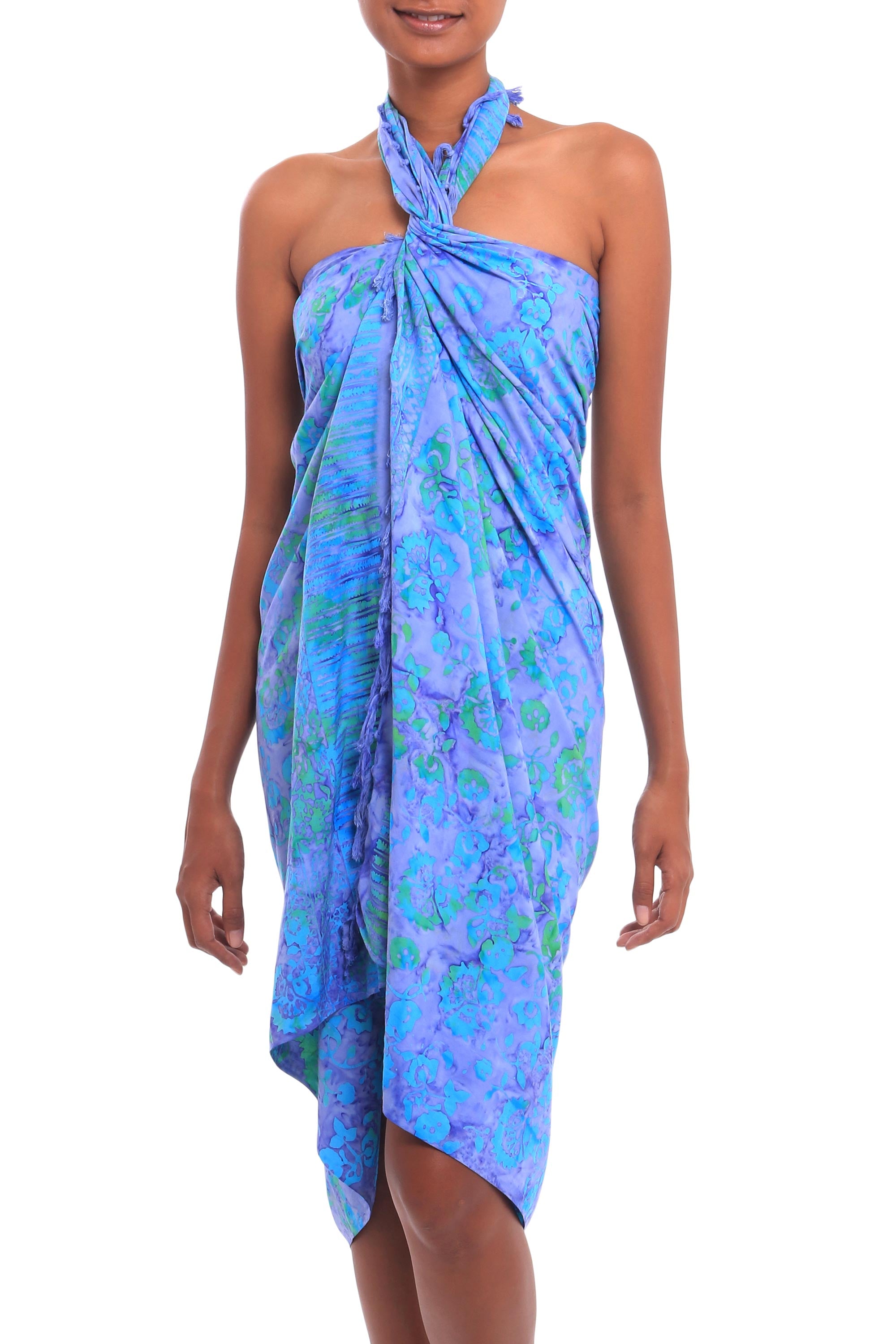 Premium Pale Blue Floral Batik Sarong - Handcrafted in Bali