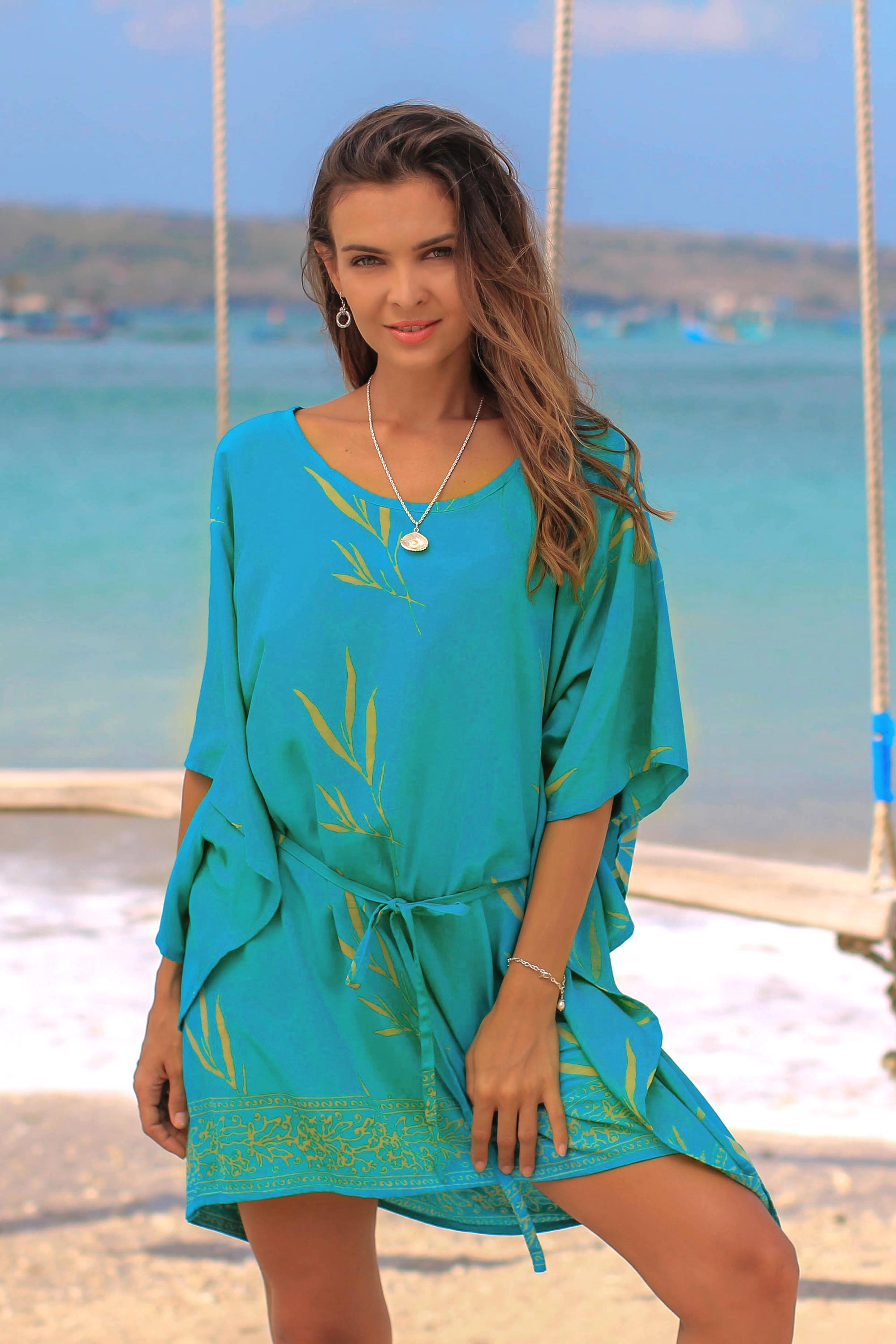 Premium Balinese Breeze Caftan: Turquoise & Lemon Batik Rayon