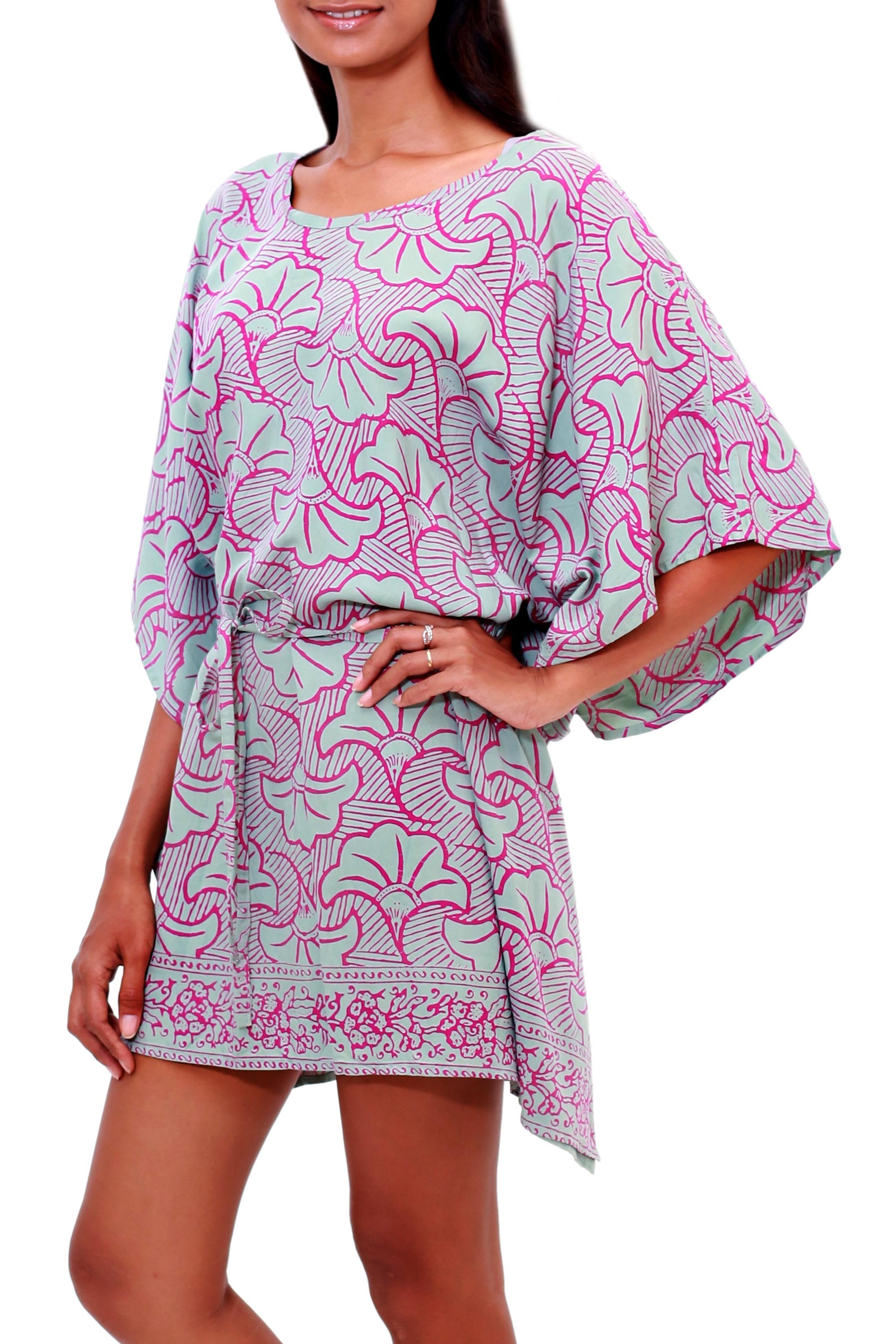 Premium Handcrafted Gingko Leaf Batik Rayon Caftan - Mint & Magenta | Bali Artisan Collection