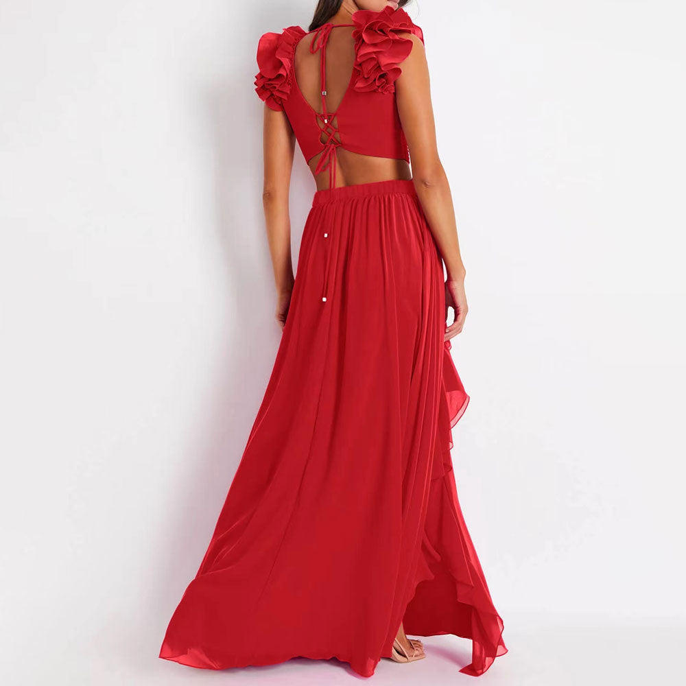 Elegant Red Flowy Maxi Skirt with High Waist & Front Split