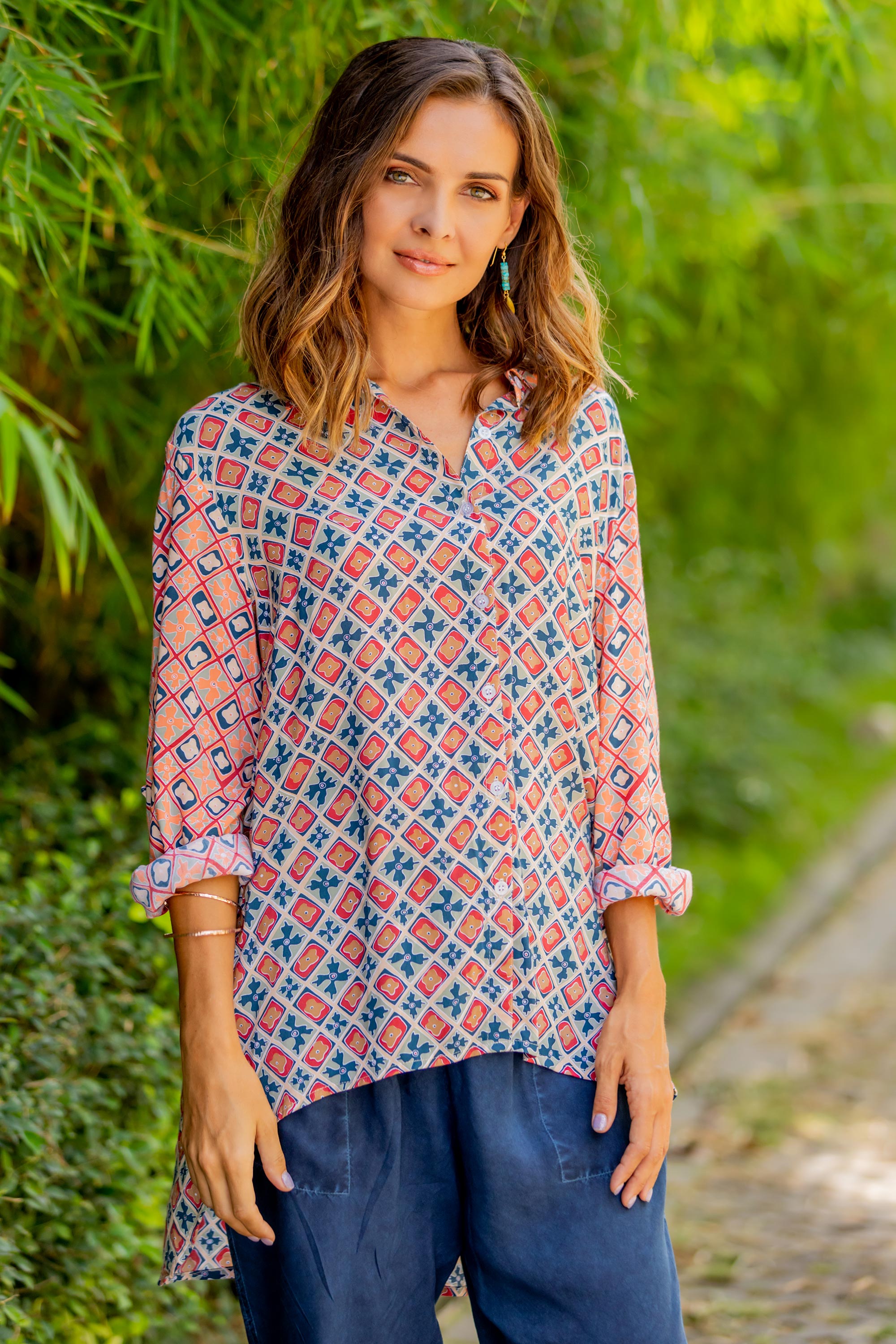 Premium Crisscross Chili & Azure Printed Rayon Tunic - Handcrafted in Bali