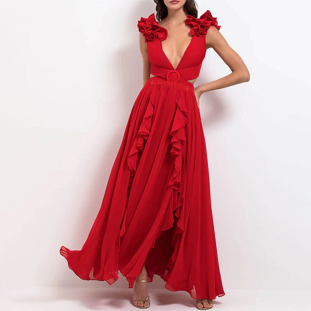 Elegant Red Flowy Maxi Skirt with High Waist & Front Split