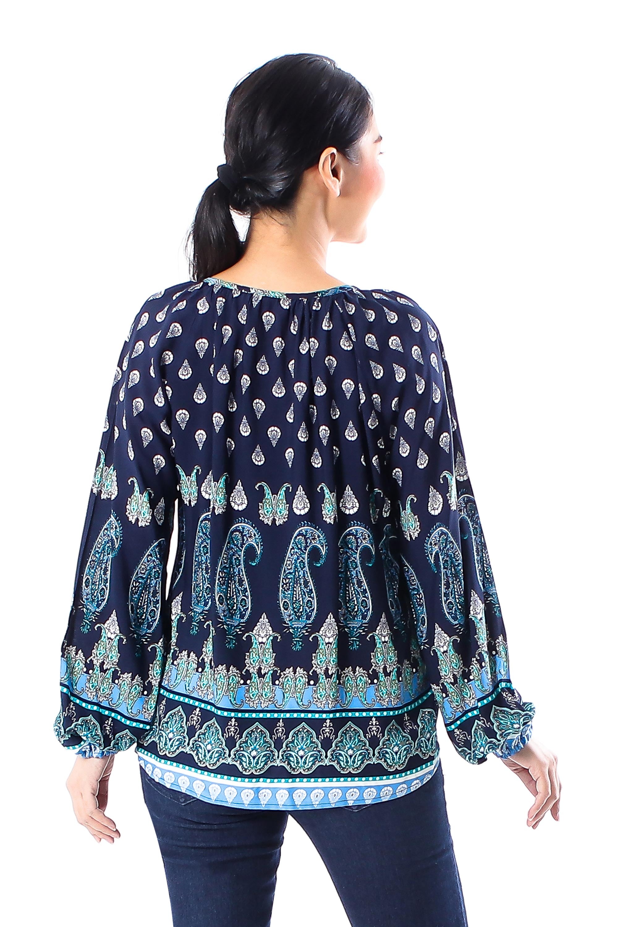 Premium Indigo Paisley Rayon Blouse - Handcrafted in Thailand