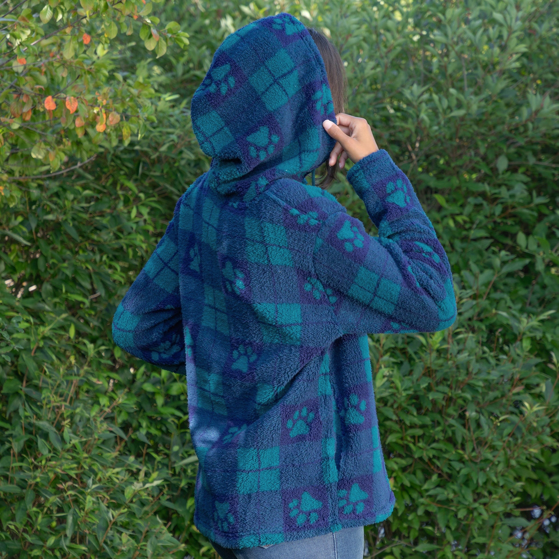 Premium Sherpa Fleece Hoodie with Plaid Paws Design